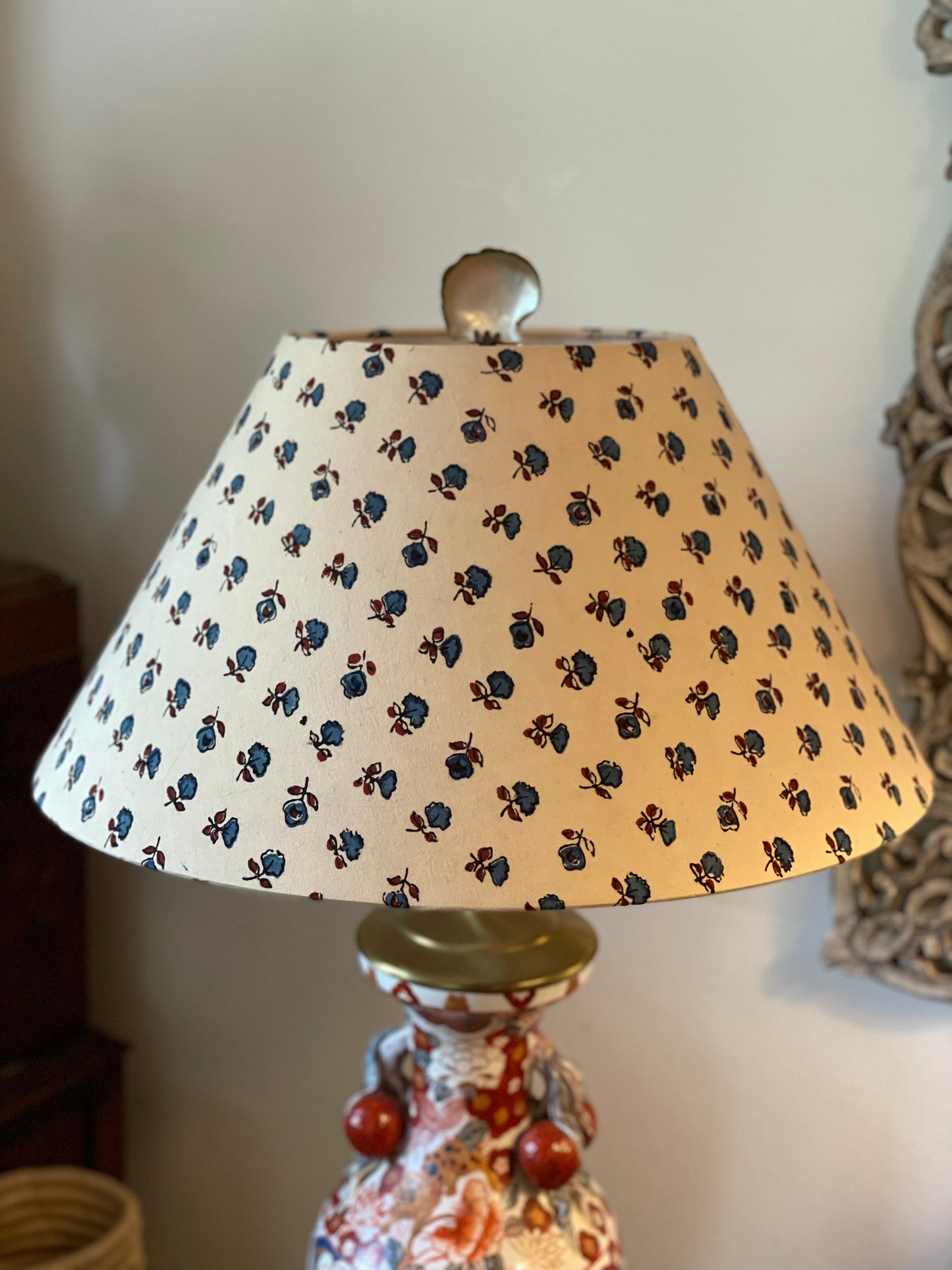 Large Conical Lampshade. Indian Hand Block Print. Cadet Blue and Maroon Floral Motif on Ecru.