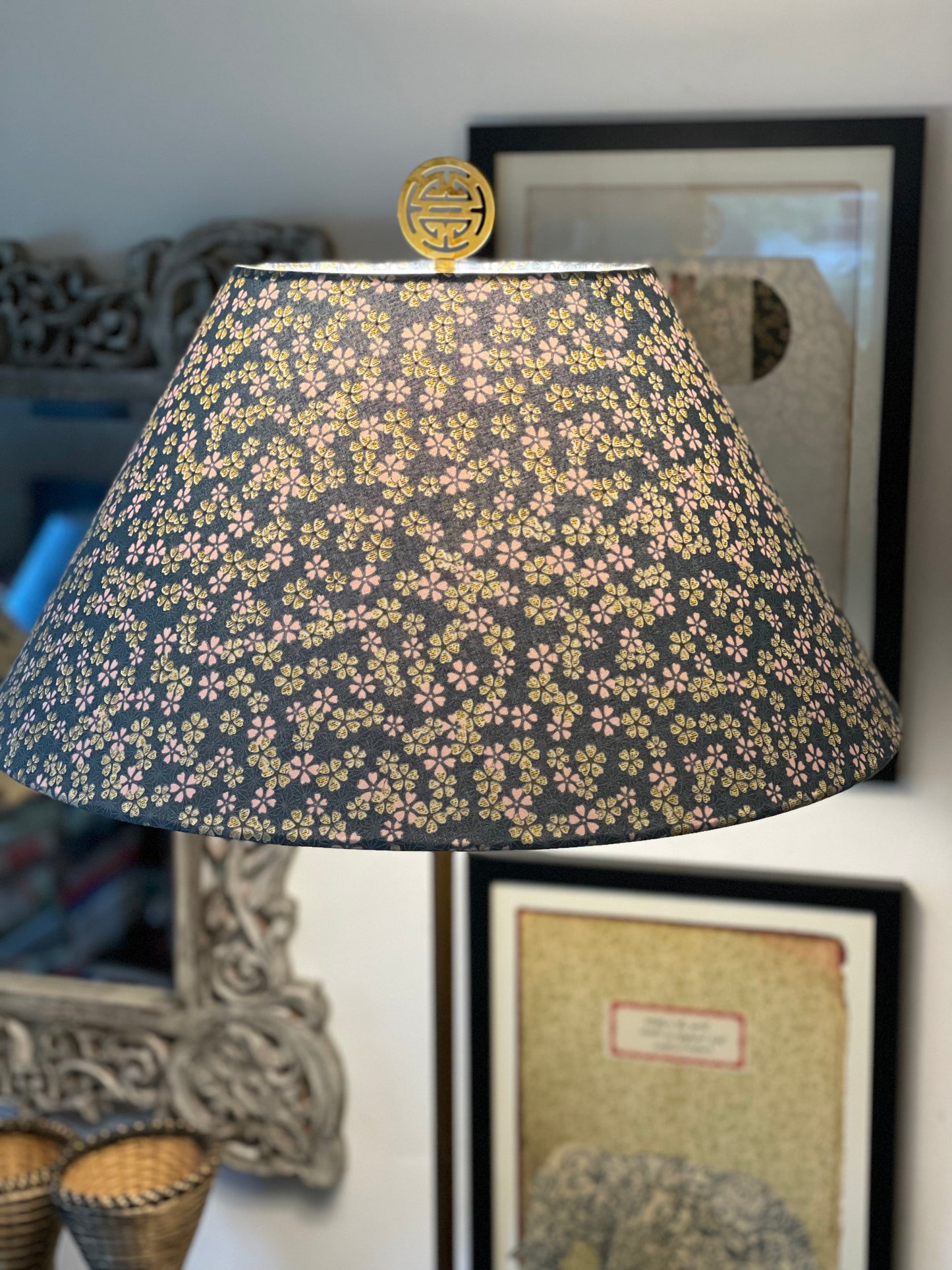 Large Conical Lampshade. Japanese Cherry Blossom Motif, Light Teal, Gold, and Pale Pink.