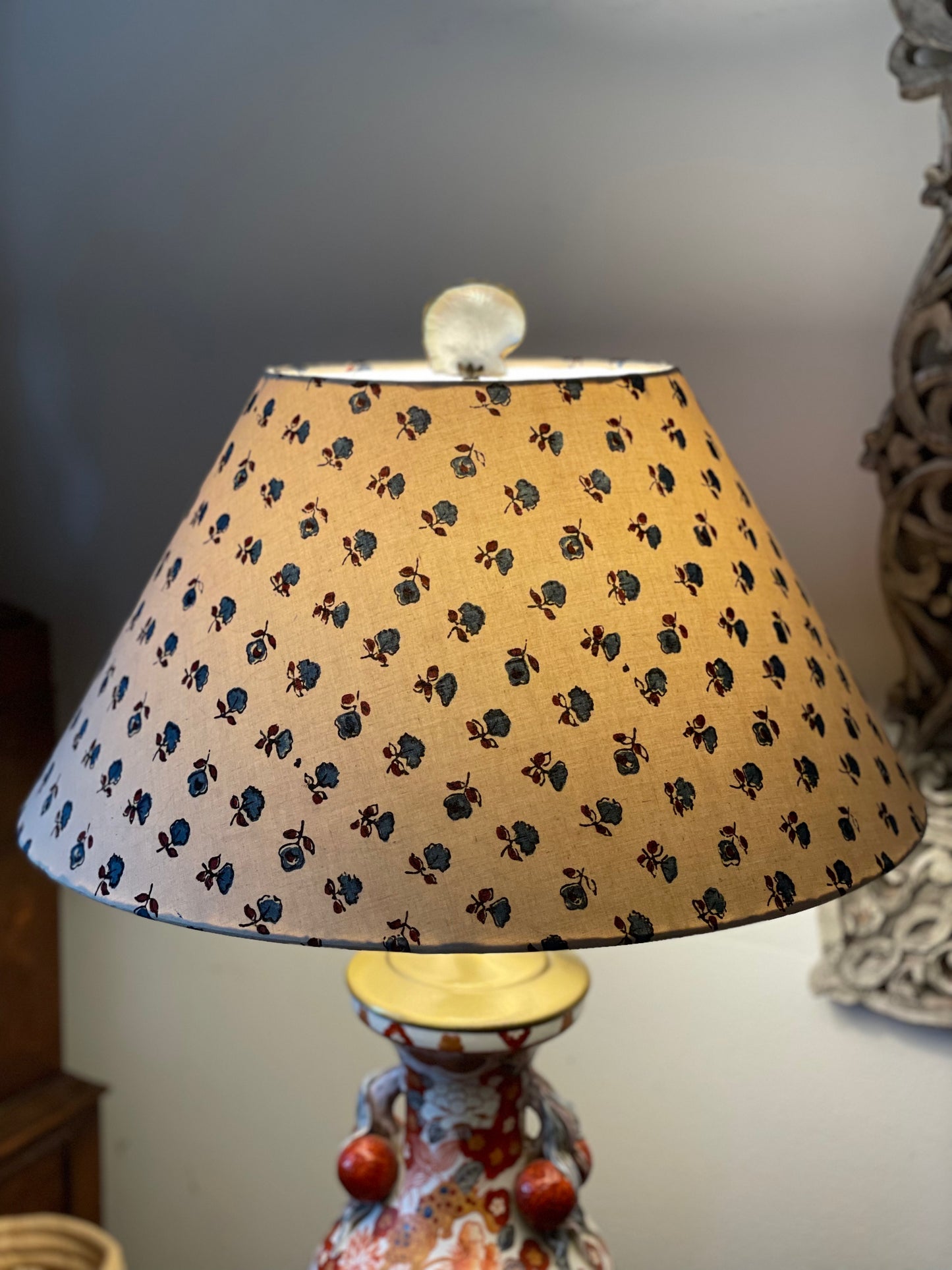 Large Conical Lampshade. Indian Hand Block Print. Cadet Blue and Maroon Floral Motif on Ecru.