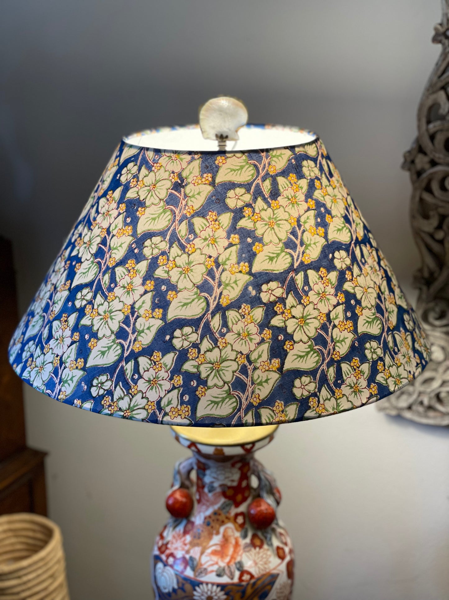 Large Conical Lampshade. Indian Hand Block Print. Cobalt, Banana Yellow, and Ivory Floral.