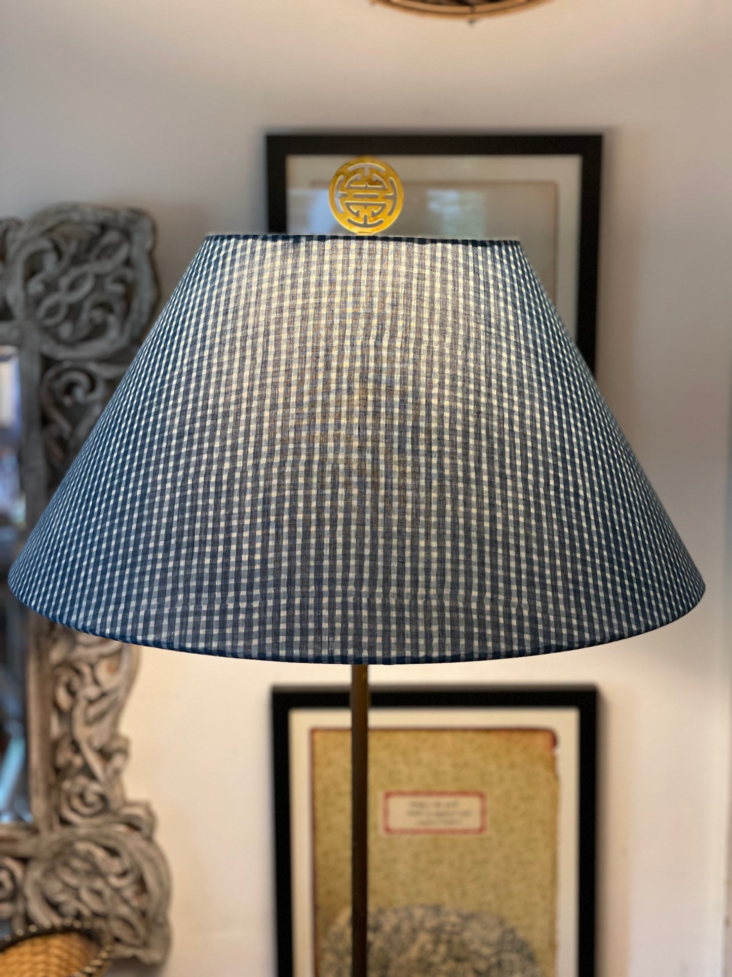Large Conical Lampshade. Indigo Hand Print from India. Faded Blue Check Pattern.