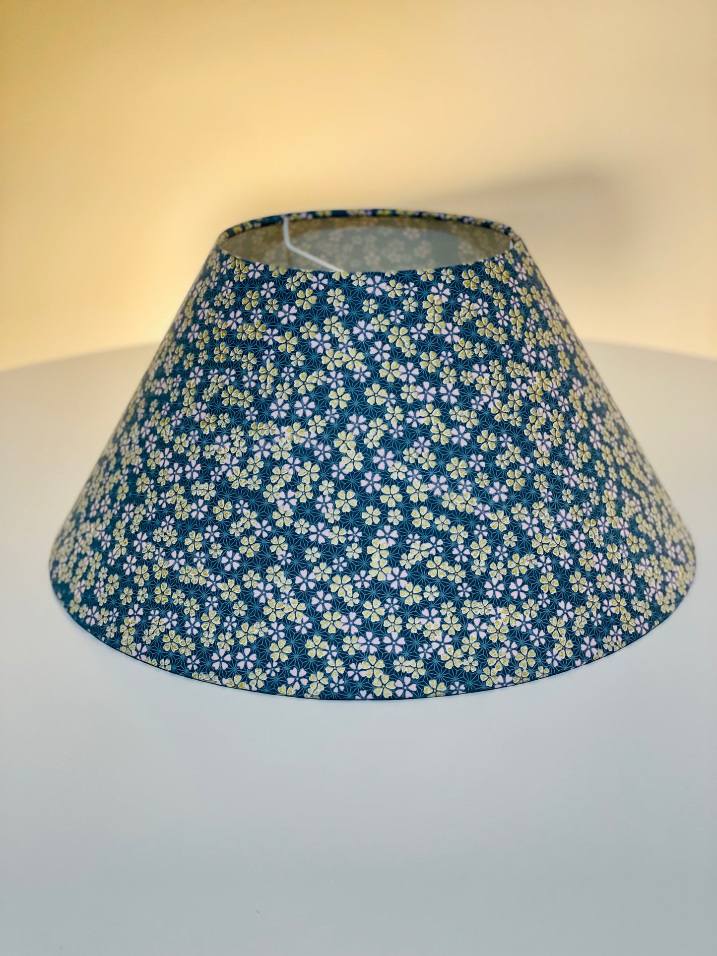 Large Conical Lampshade. Japanese Cherry Blossom Motif, Light Teal, Gold, and Pale Pink.