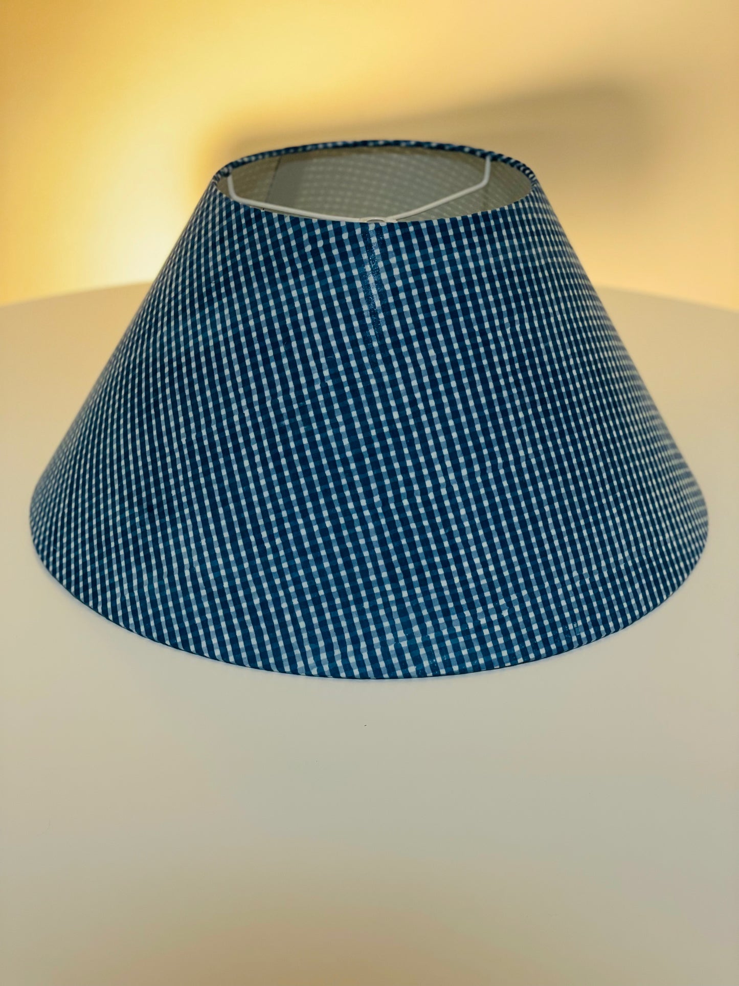 Large Conical Lampshade. Indigo Hand Print from India. Faded Blue Check Pattern.
