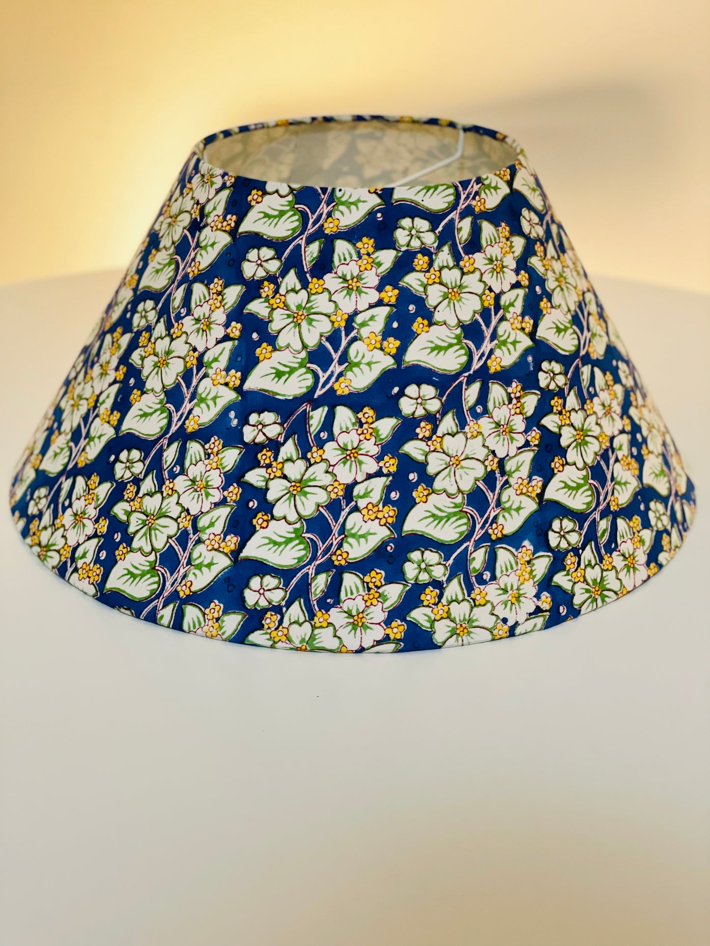 Large Conical Lampshade. Indian Hand Block Print. Cobalt, Banana Yellow, and Ivory Floral.