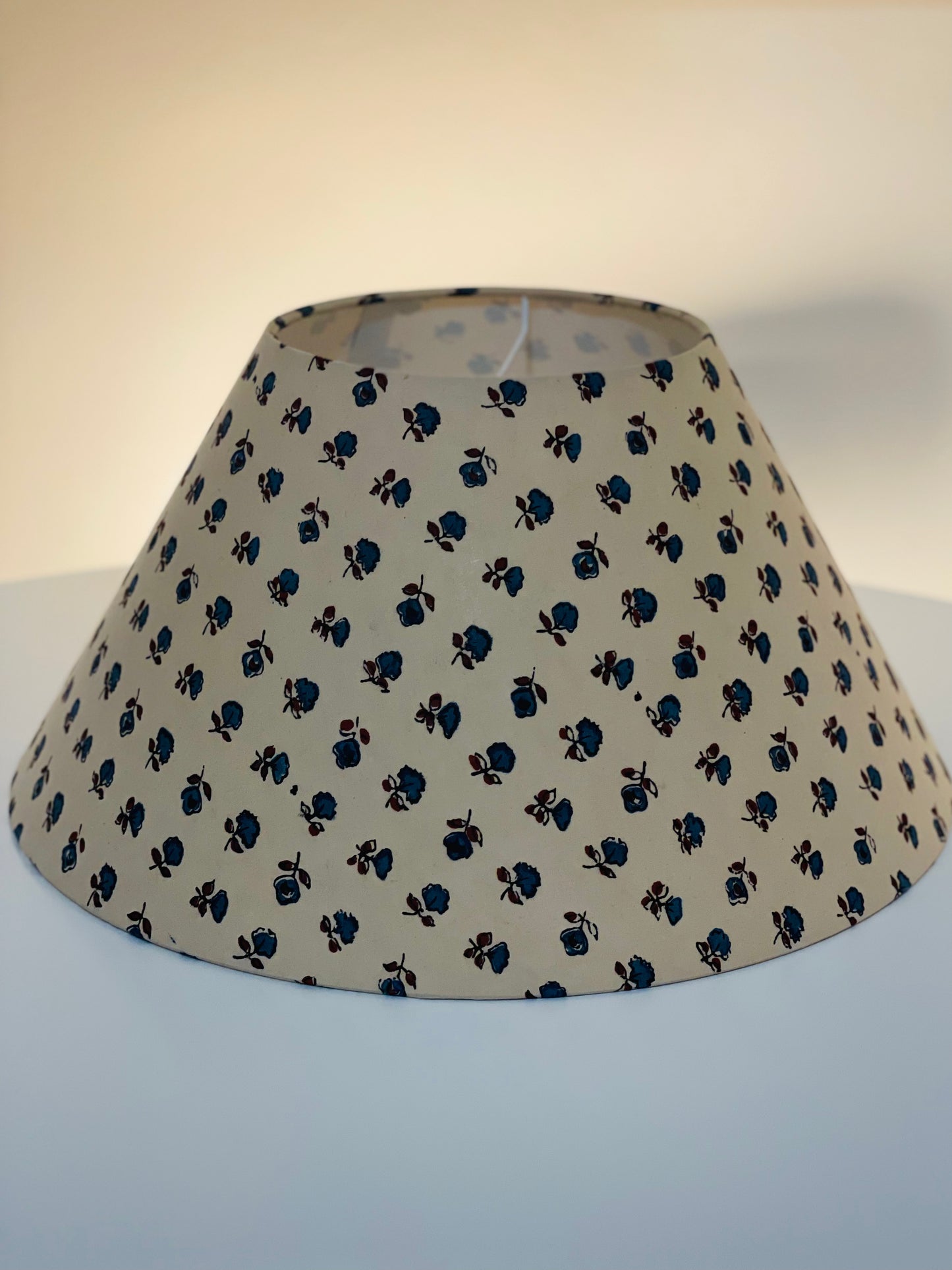Large Conical Lampshade. Indian Hand Block Print. Cadet Blue and Maroon Floral Motif on Ecru.