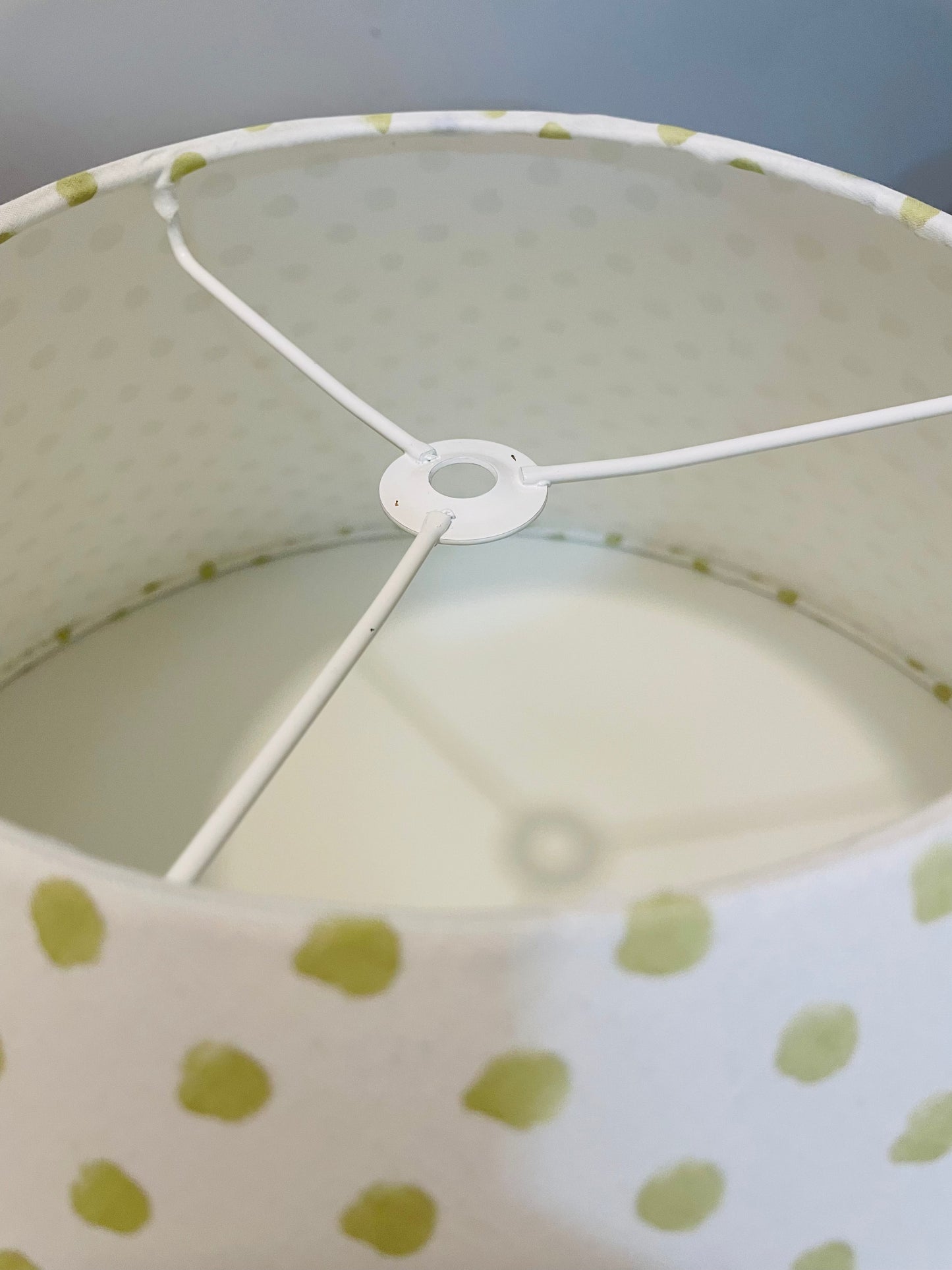 Large Conical Lampshade. Indian Hand Block Print. Pretty Pale Green Polka Dot.