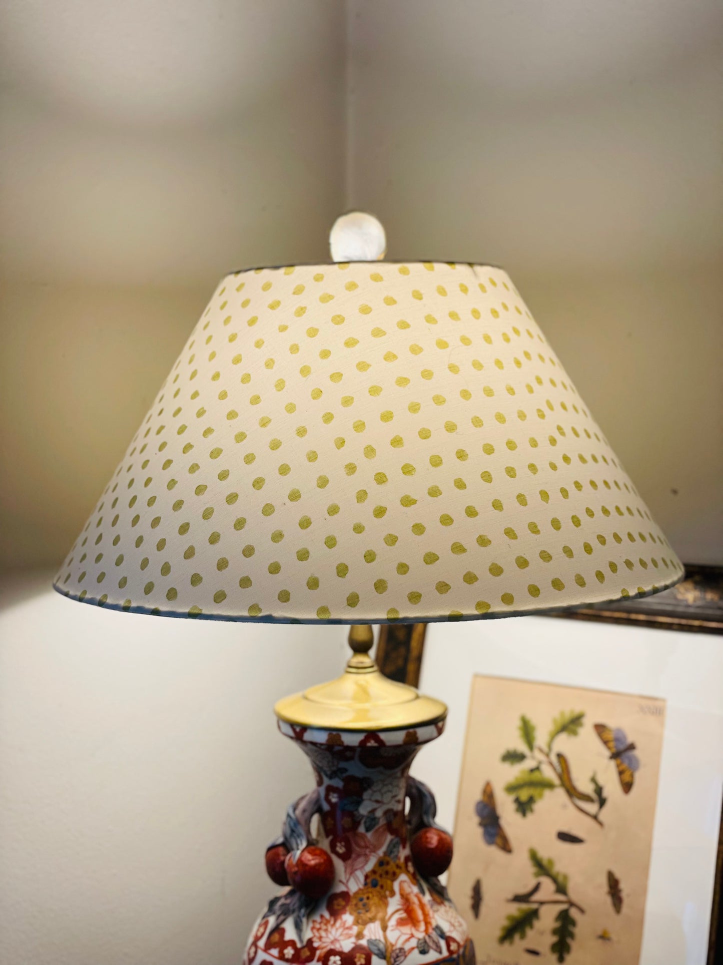 Large Conical Lampshade. Indian Hand Block Print. Pretty Pale Green Polka Dot.