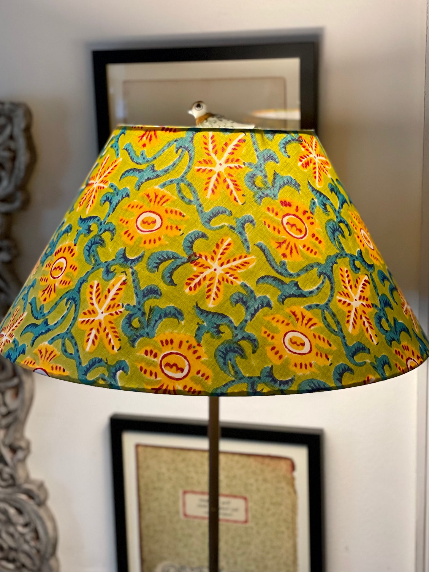 Large Conical Lampshade. Indian Hand Block Print. Apple Green, Dark Cyan, Crimson, and Golden Poppy Starfish Motif.