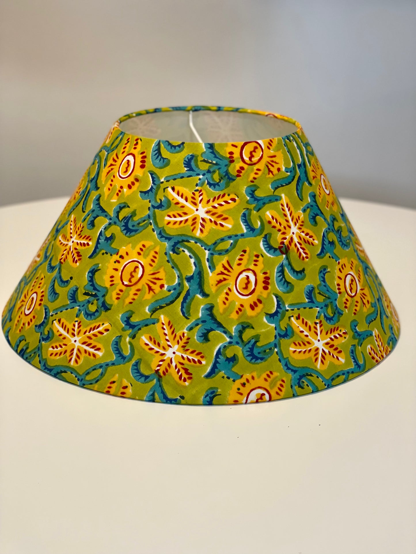 Large Conical Lampshade. Indian Hand Block Print. Apple Green, Dark Cyan, Crimson, and Golden Poppy Starfish Motif.