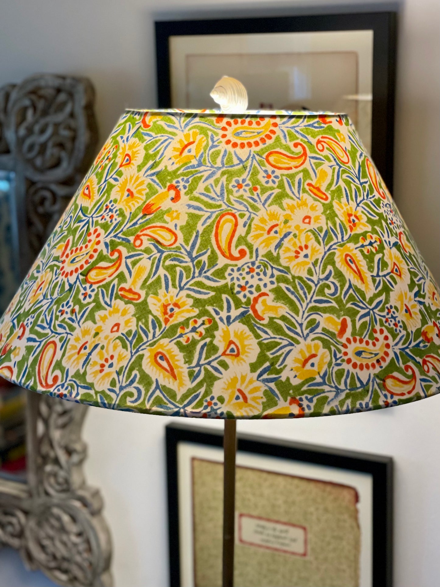 Large Conical Lampshade. Indian Hand Block Print. Apple Green, Bright Yellow, Red and Steely Blue Floral.