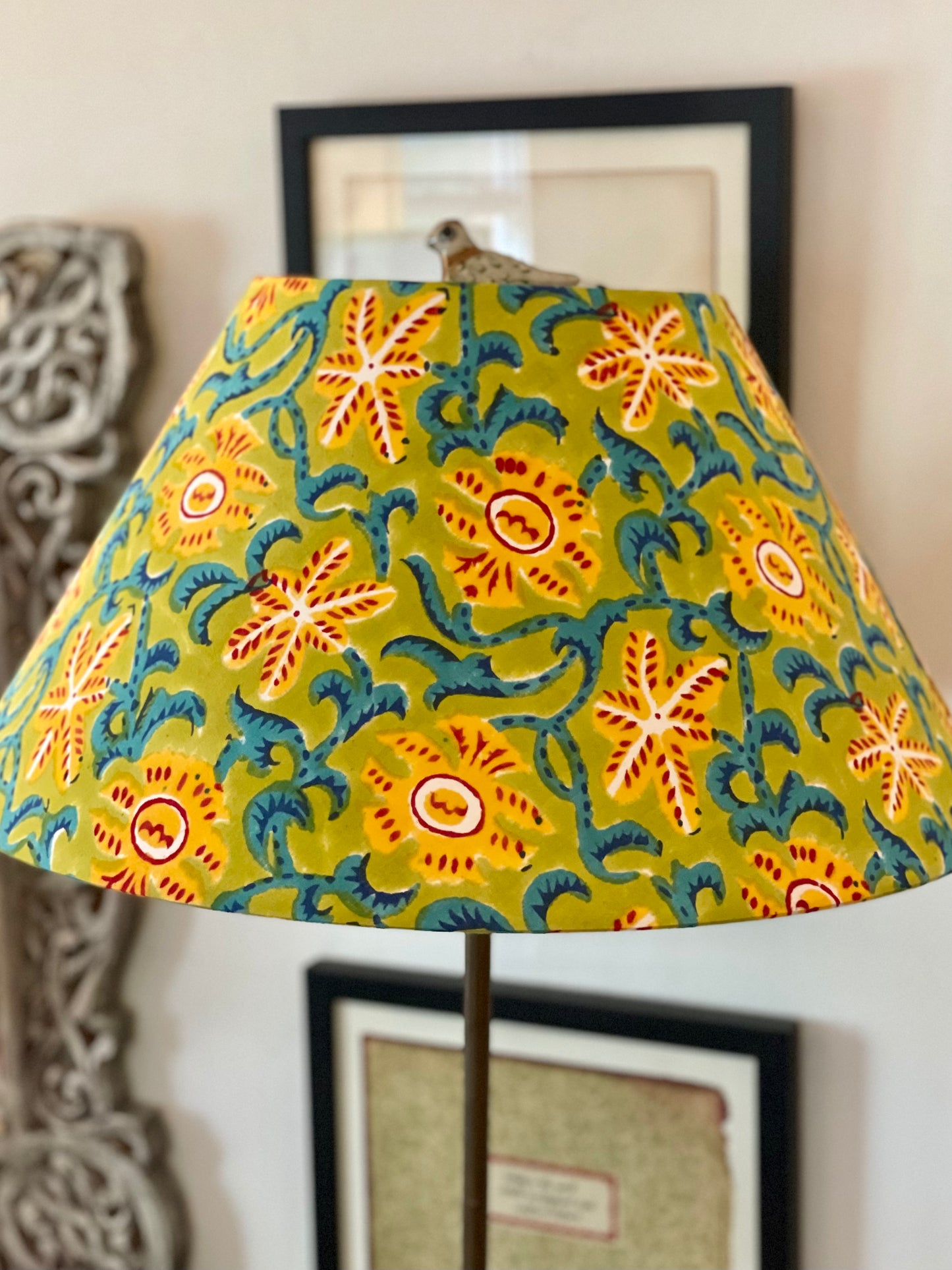 Large Conical Lampshade. Indian Hand Block Print. Apple Green, Dark Cyan, Crimson, and Golden Poppy Starfish Motif.
