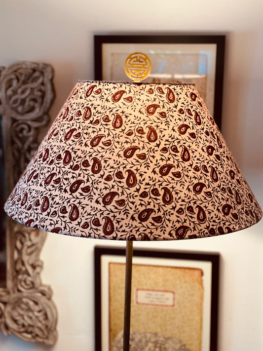 Large Conical Lampshade.Indian Block Print. Indian Block Print from Bagh. Maroon and Licorice Paisley Pattern on Ivory.