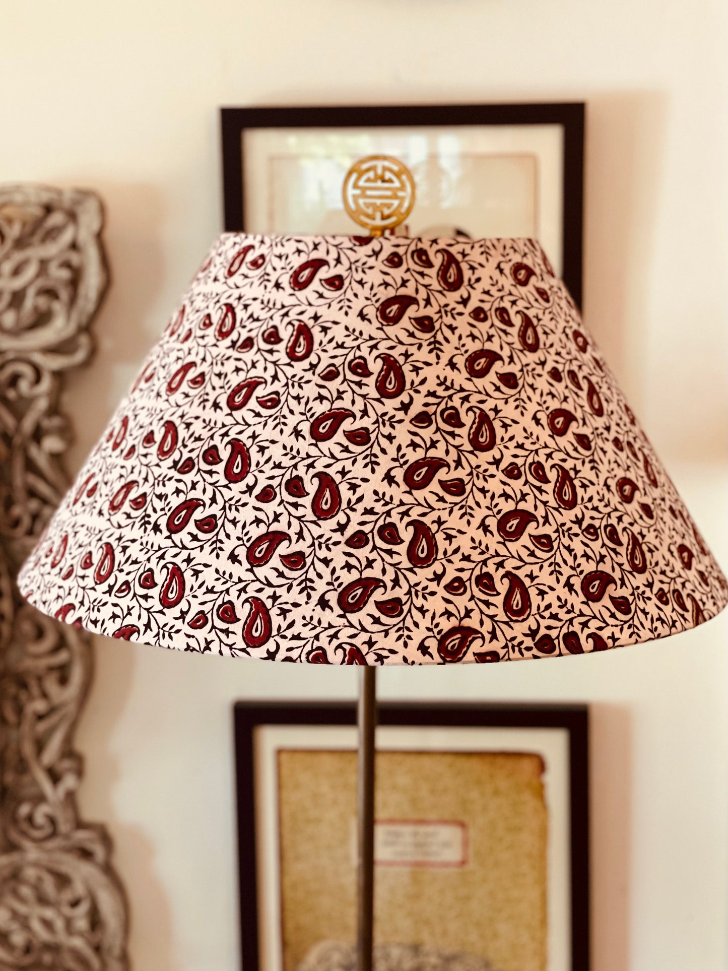Large Conical Lampshade.Indian Block Print. Indian Block Print from Bagh. Maroon and Licorice Paisley Pattern on Ivory.