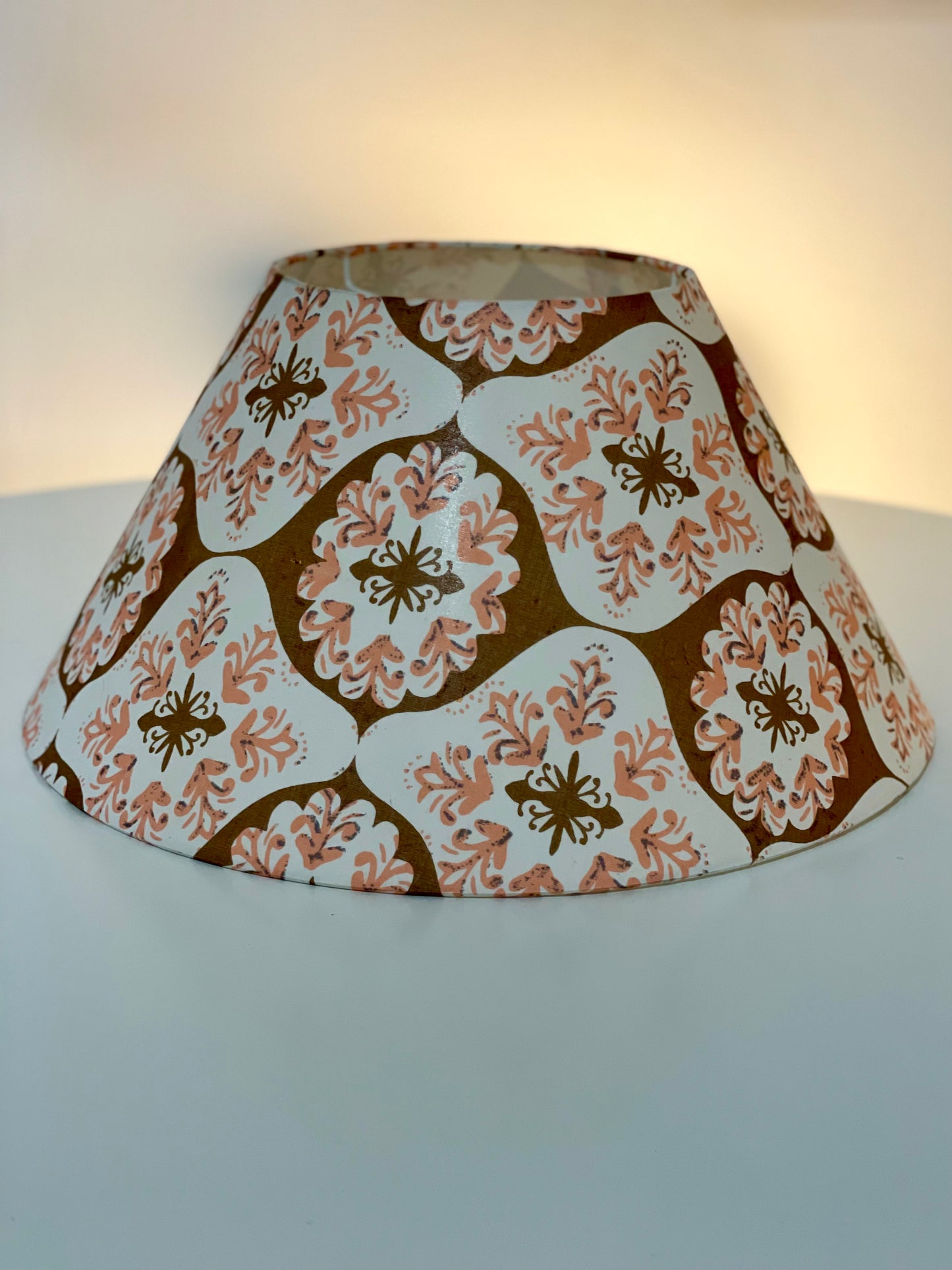 Large Conical Lampshade. Japanese Fabric. Coffee, Pale Salmon, and Bone Mod-Retro Pattern.