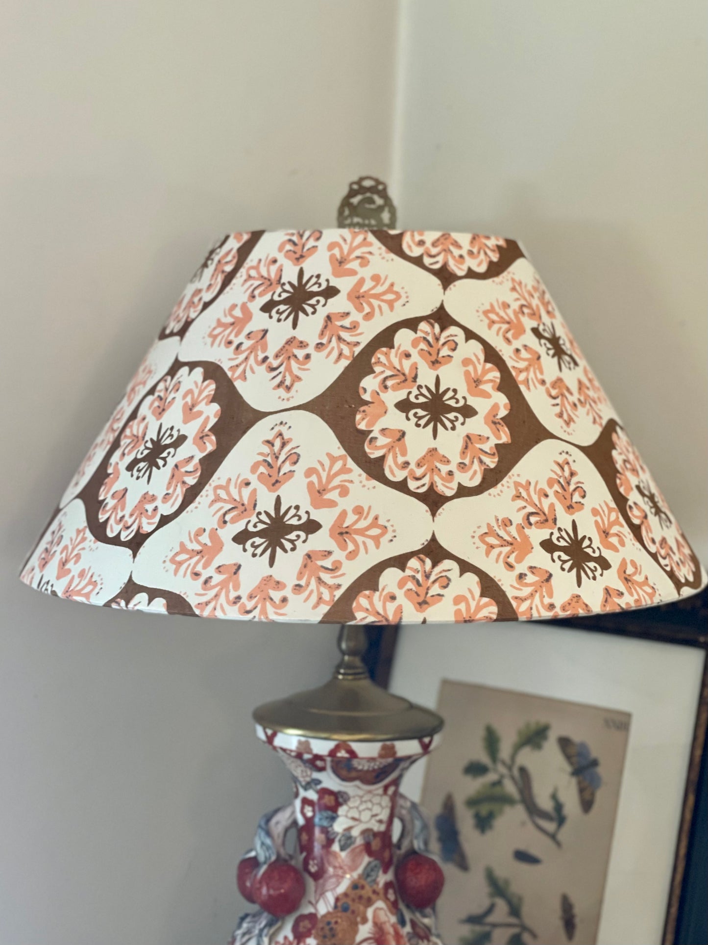 Large Conical Lampshade. Japanese Fabric. Coffee, Pale Salmon, and Bone Mod-Retro Pattern.