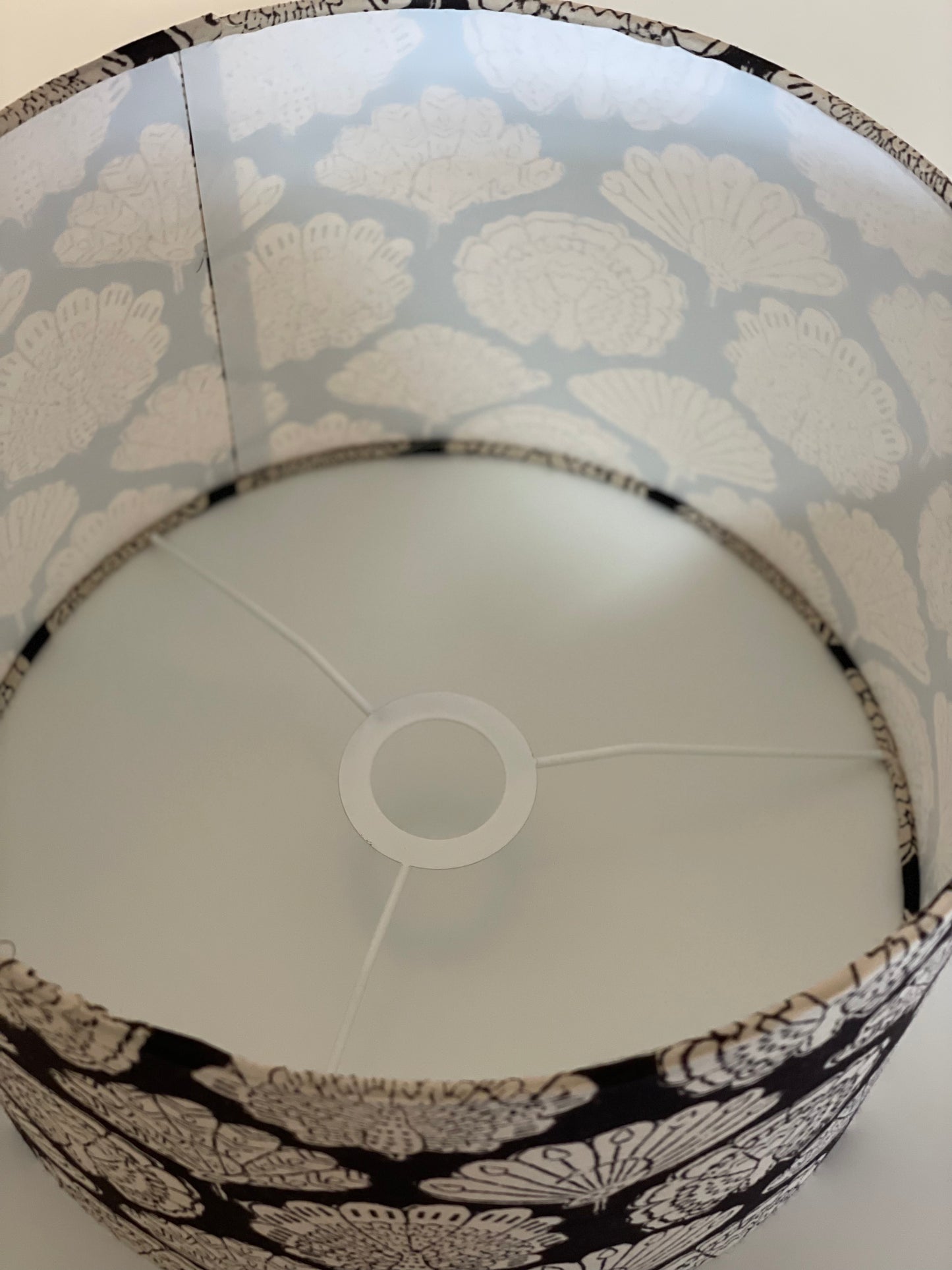 12 Inch Drum Lampshade. Indian Hand Block Print. Black with Ivory Peacock Motif.