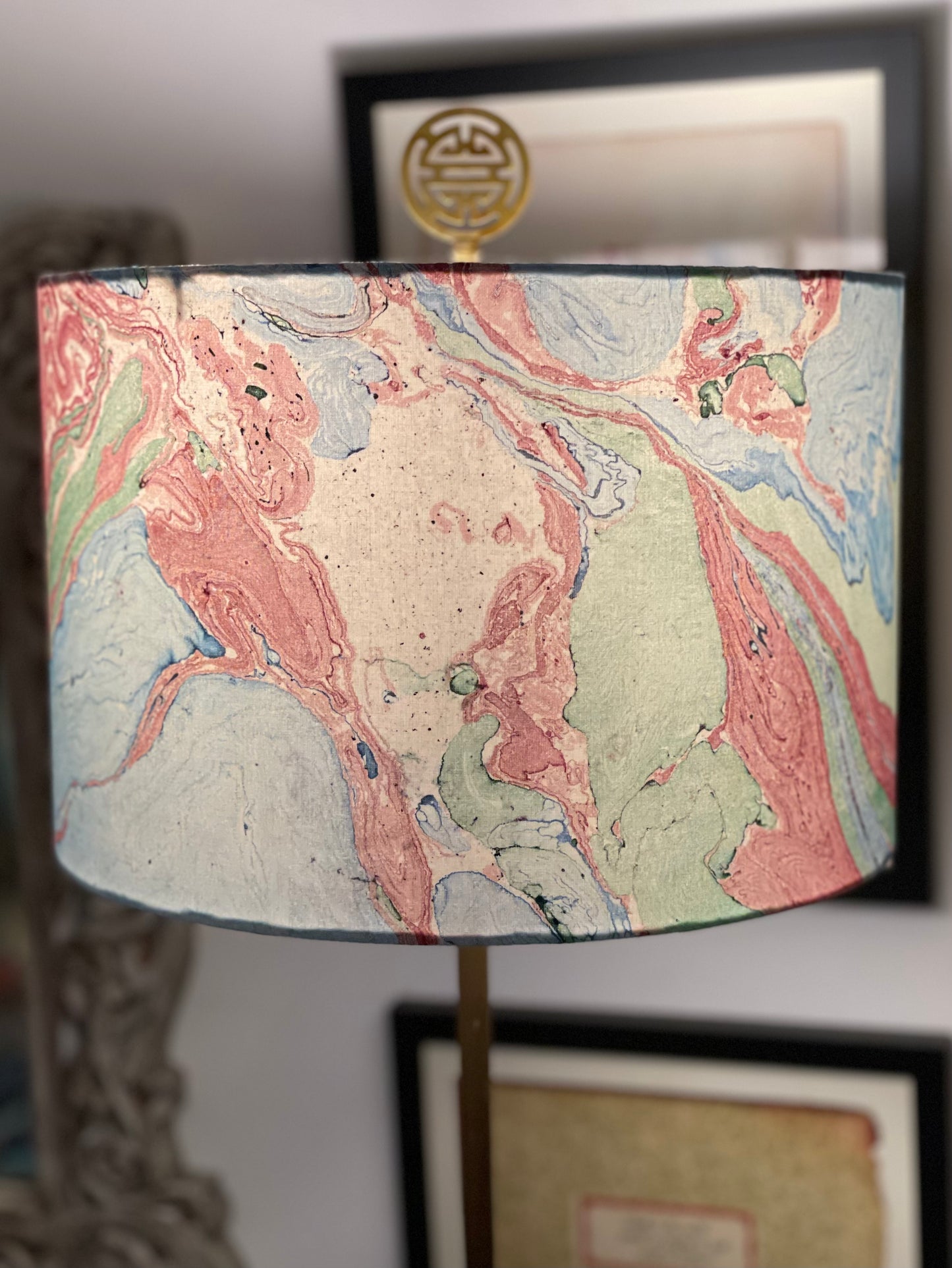 12 Inch Drum Lampshade. Indian Hand Marbled Fabric. Blue, Green, Red, Ivory.