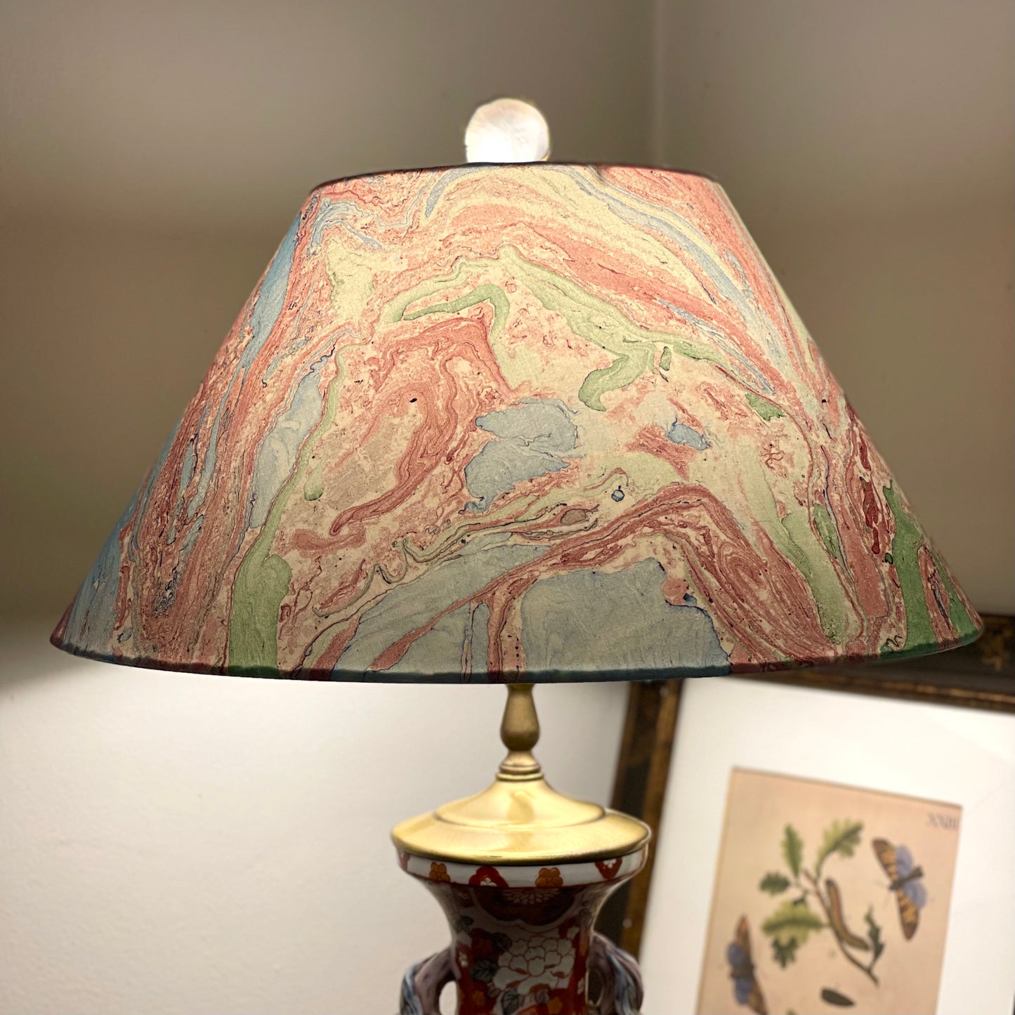 Large Conical Lampshade. Indian Hand Marbled Fabric. Blue, Green, Red, Ivory.