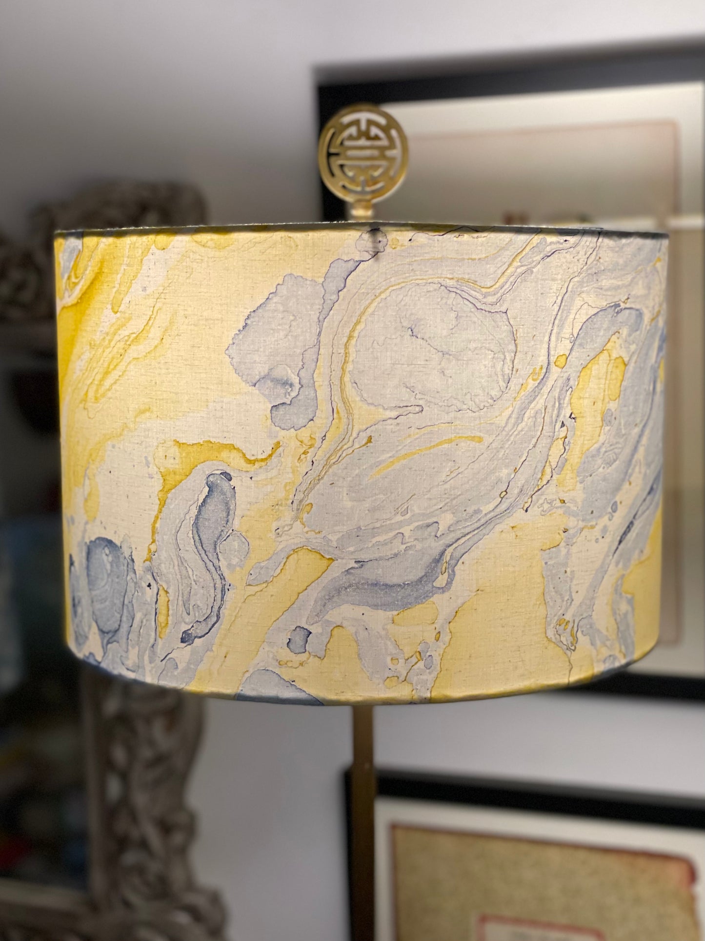 12 Inch Drum Lampshade. Indian Hand Marbled Fabric. Blue, Yellow, Ivory.