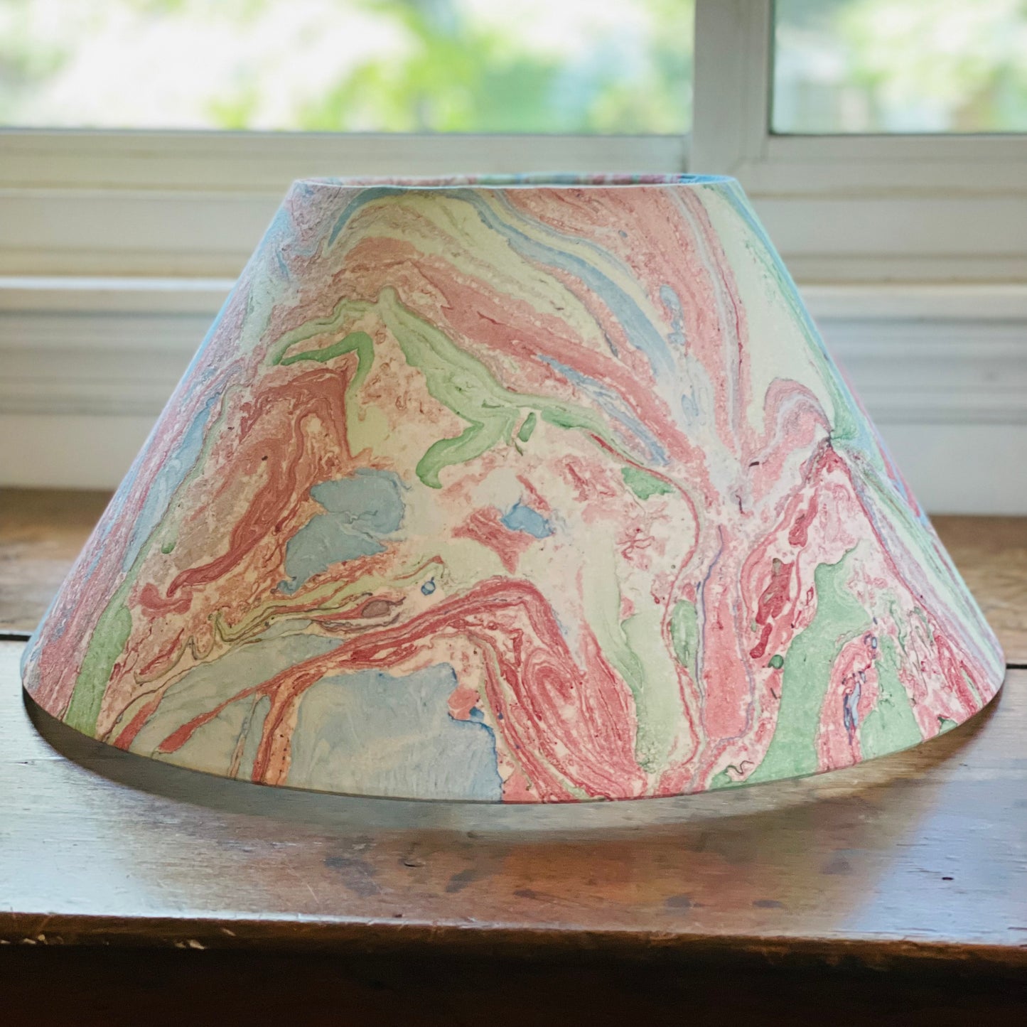 Large Conical Lampshade. Indian Hand Marbled Fabric. Blue, Green, Red, Ivory.