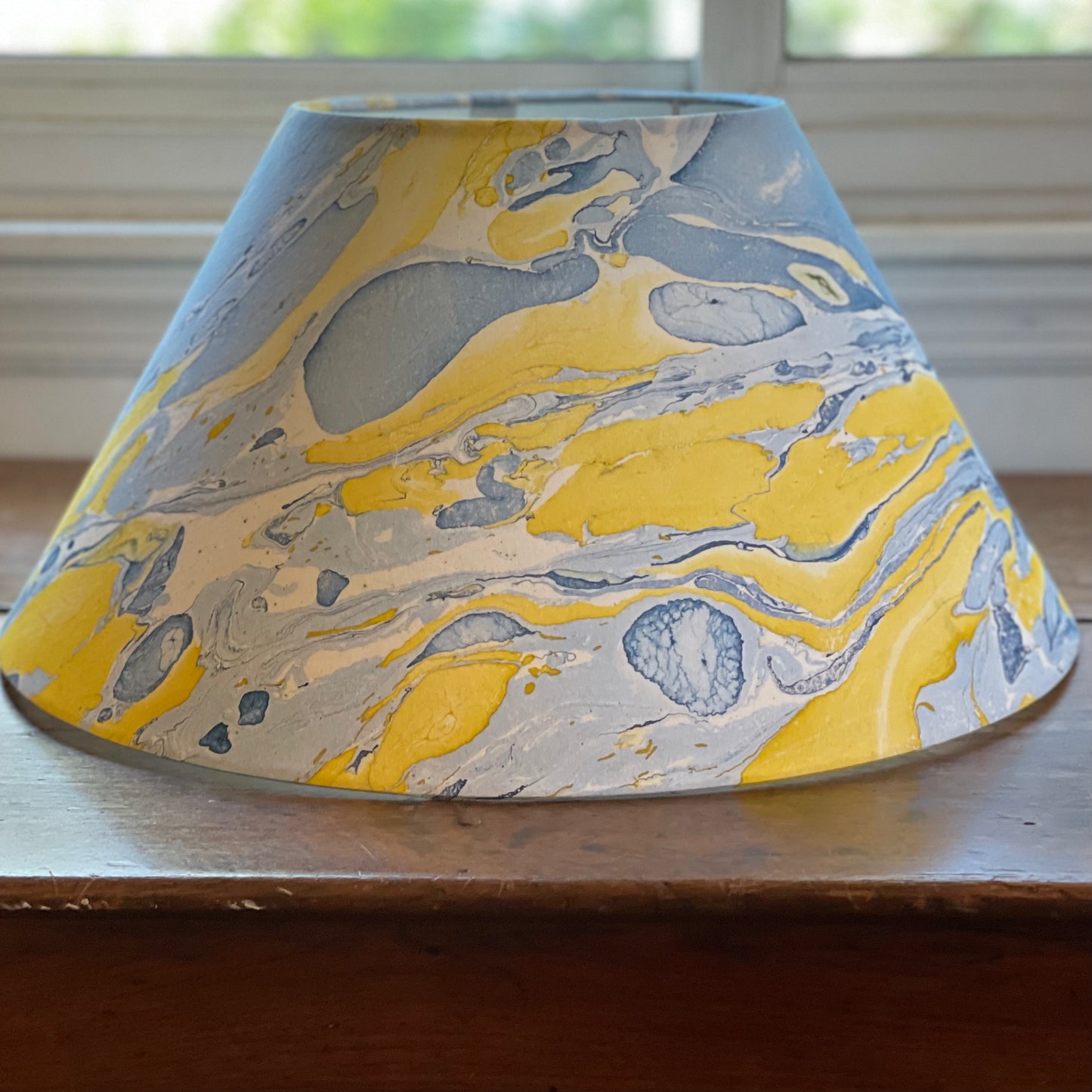 Large Conical Lampshade. Indian Hand Marbled Fabric. Blue, Yellow, Ivory.