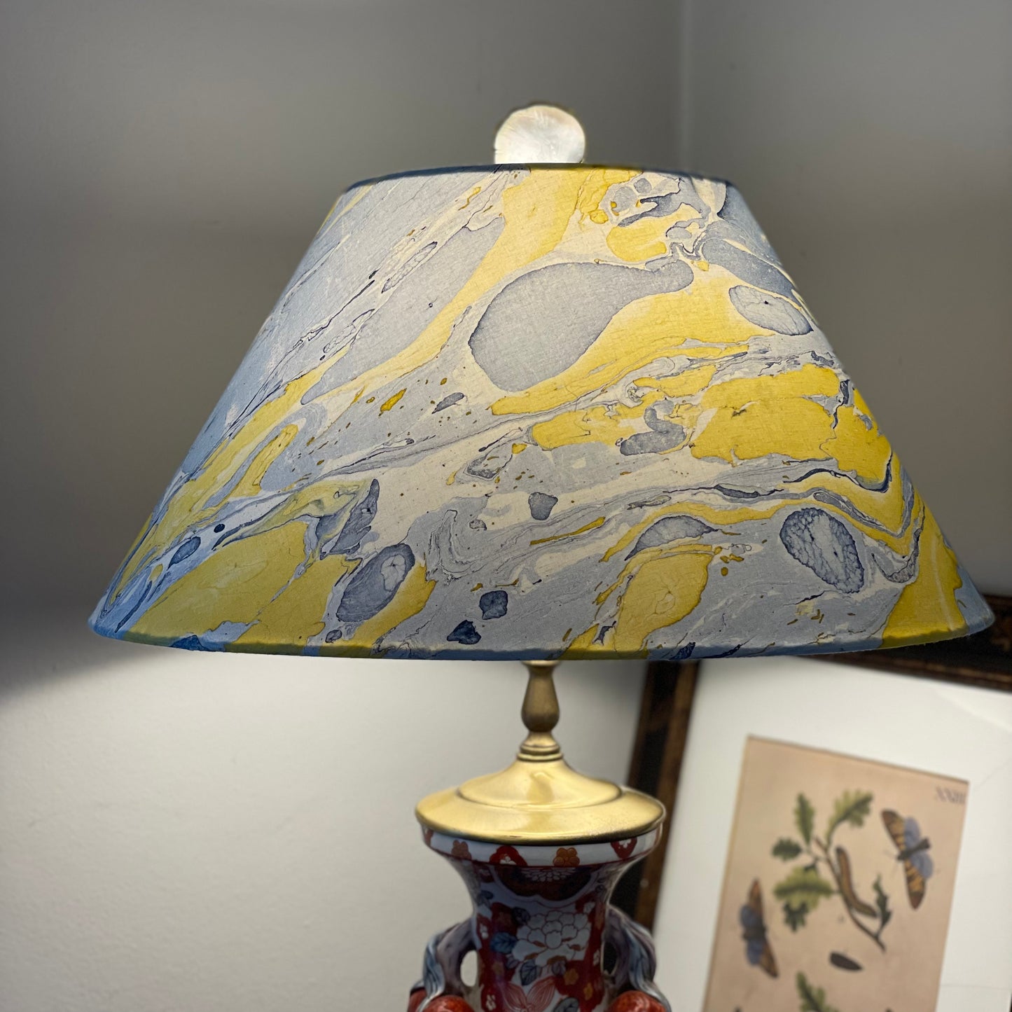 Large Conical Lampshade. Indian Hand Marbled Fabric. Blue, Yellow, Ivory.