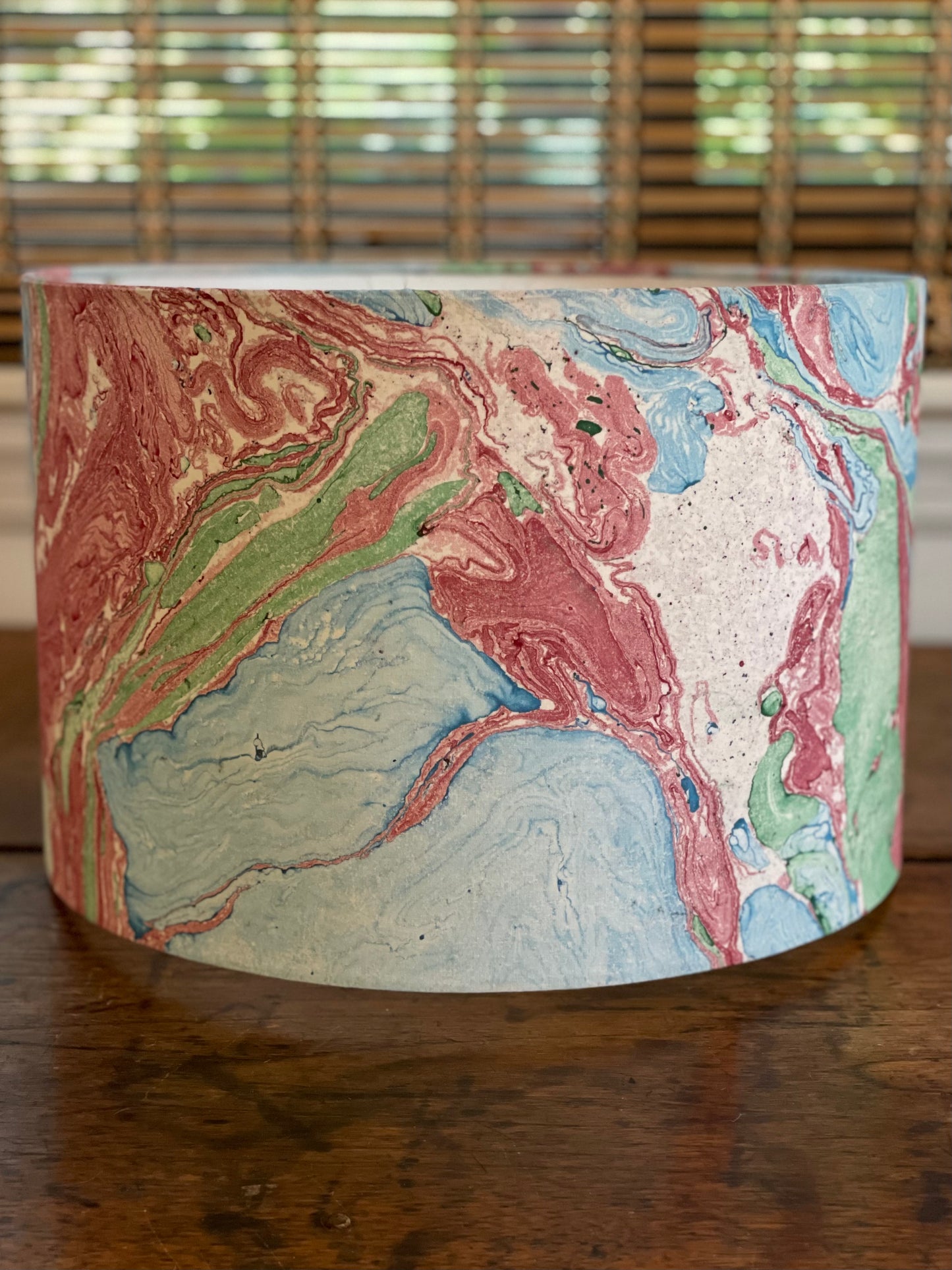12 Inch Drum Lampshade. Indian Hand Marbled Fabric. Blue, Green, Red, Ivory.