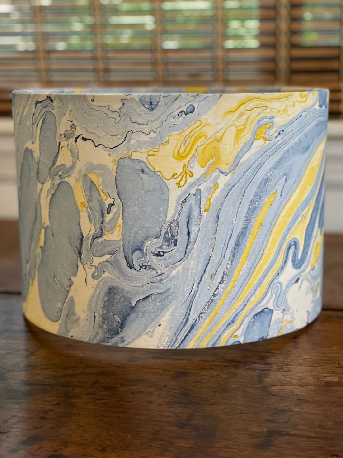 10 inch Drum Lampshade. Indian Hand Marbled Fabric. Blue, Yellow, Ivory.