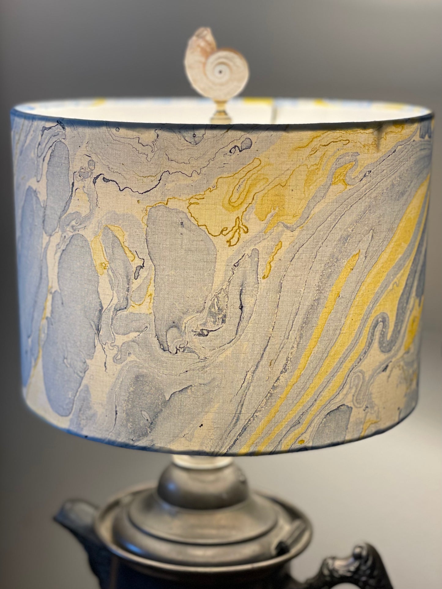 10 inch Drum Lampshade. Indian Hand Marbled Fabric. Blue, Yellow, Ivory.