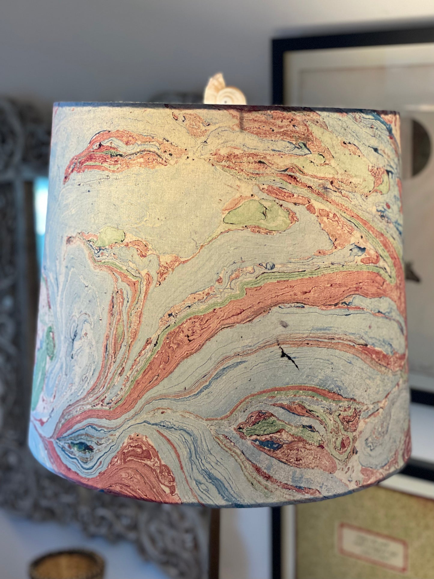 Large Empire Shade. 11.75 x 13.75 x 11.75. Indian Hand Marbled Fabric. Blue, Green, Red, Ivory.