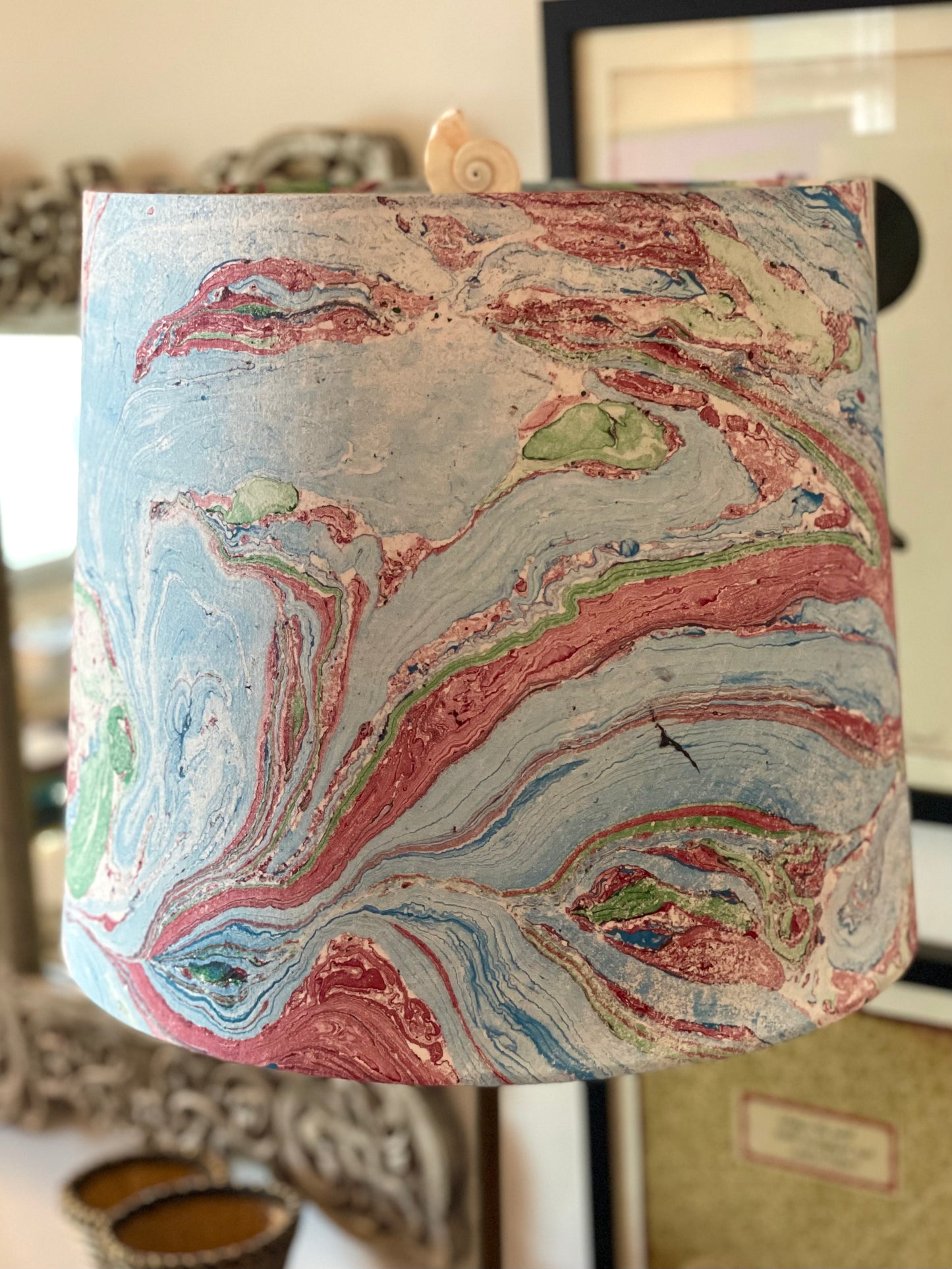 Large Empire Shade. 11.75 x 13.75 x 11.75. Indian Hand Marbled Fabric. Blue, Green, Red, Ivory.