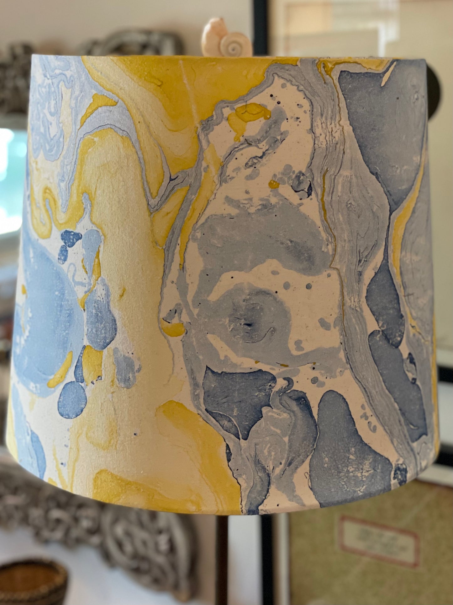 Large Empire Shade. 11.75 x 13.75 x 11.75. Indian Hand Marbled Fabric. Blue, Yellow, Ivory.