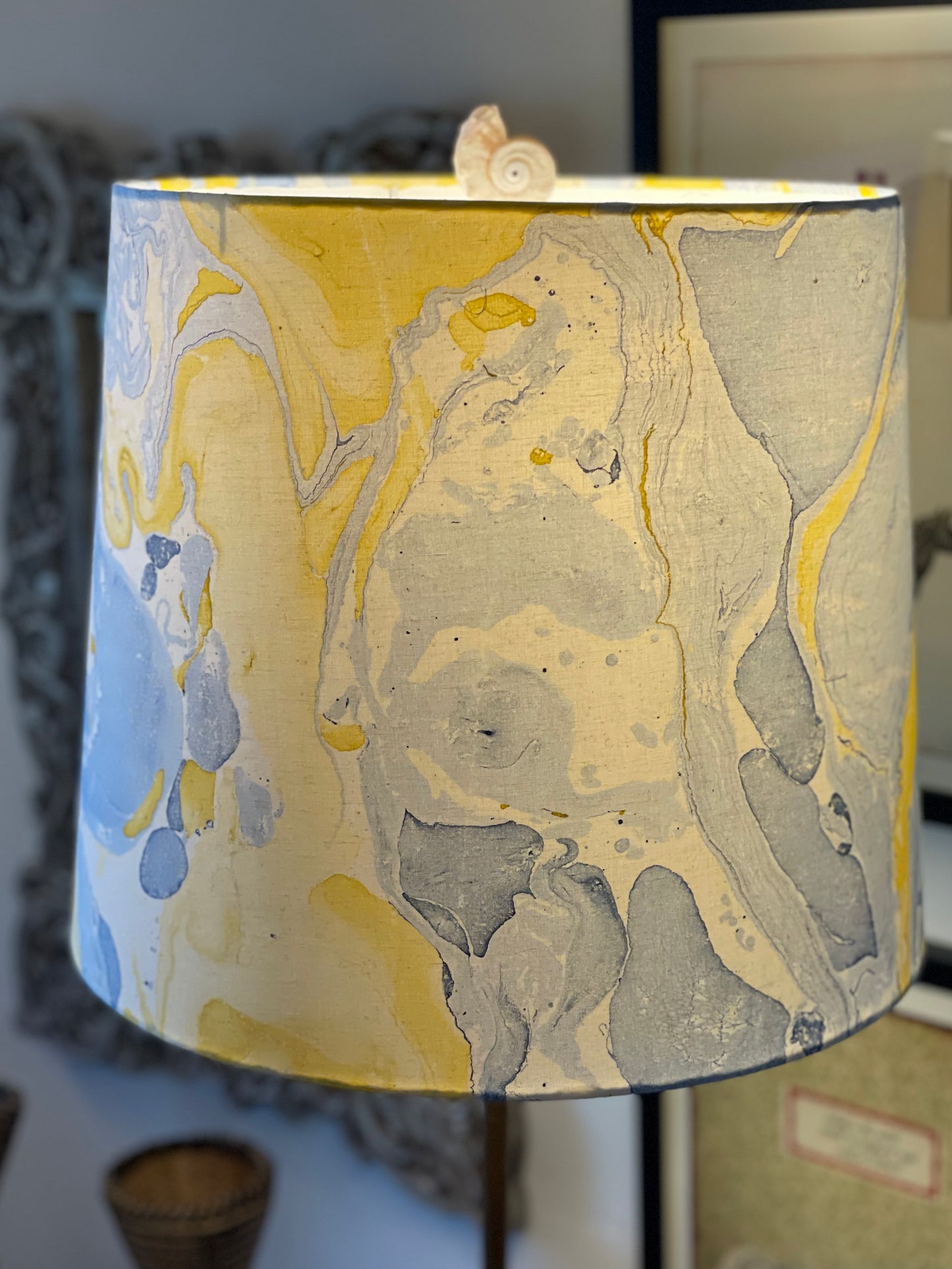 Large Empire Shade. 11.75 x 13.75 x 11.75. Indian Hand Marbled Fabric. Blue, Yellow, Ivory.
