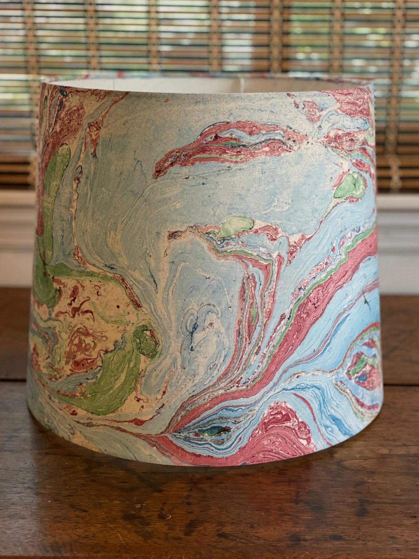 Large Empire Shade. 11.75 x 13.75 x 11.75. Indian Hand Marbled Fabric. Blue, Green, Red, Ivory.