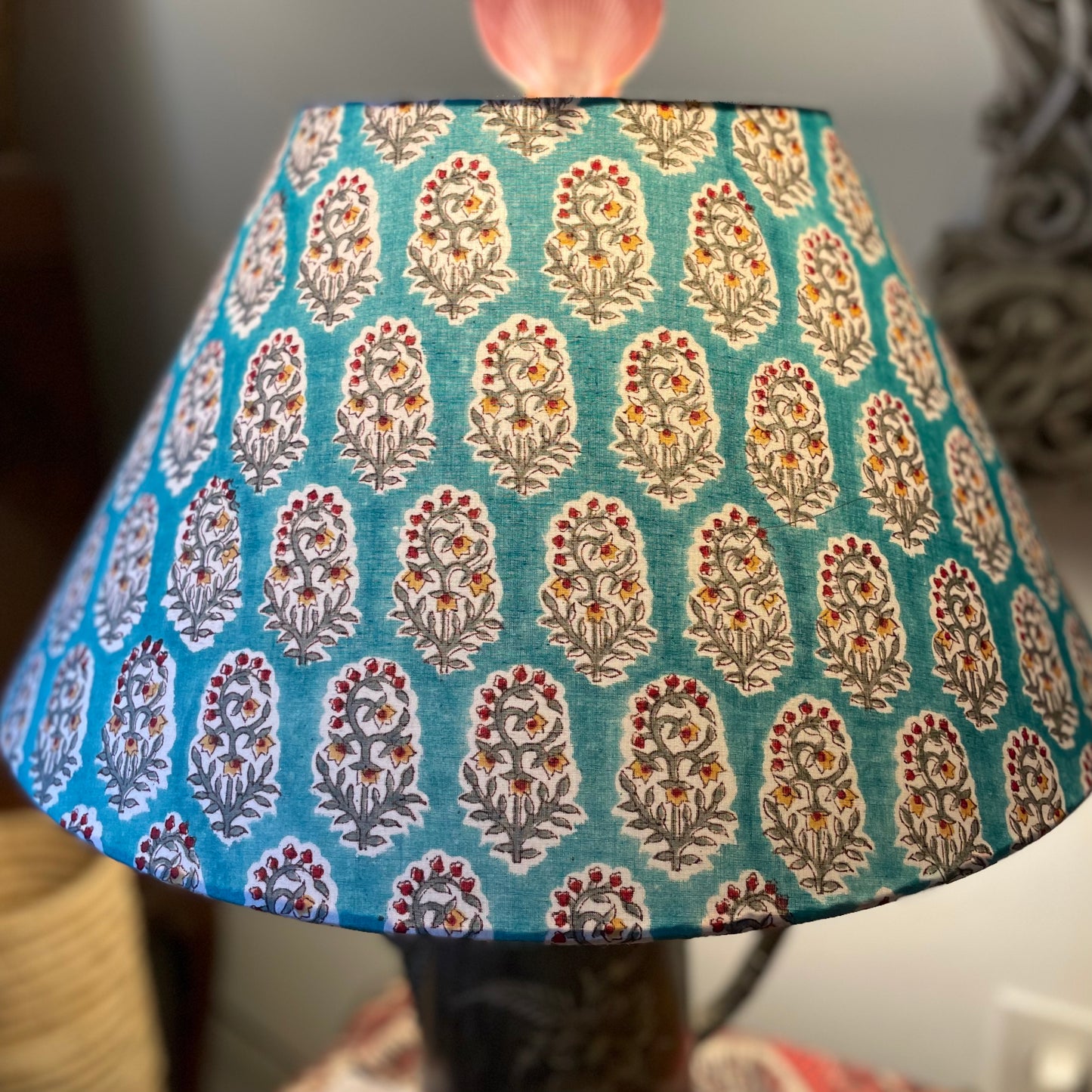 Large Conical Lampshade. Indian Hand Block Print from Jaipur. Turquoise with Crimson, Ochre and Taupe Floral Motif.