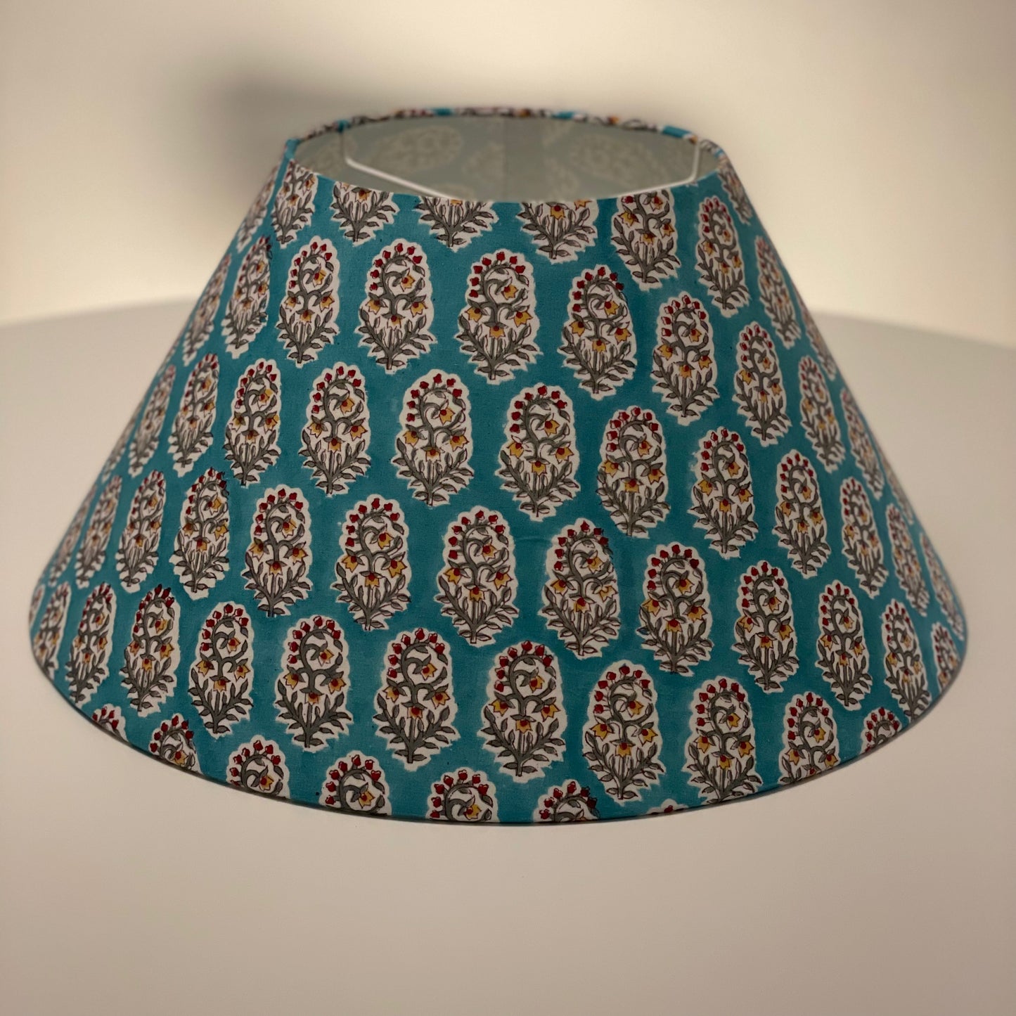 Large Conical Lampshade. Indian Hand Block Print from Jaipur. Turquoise with Crimson, Ochre and Taupe Floral Motif.
