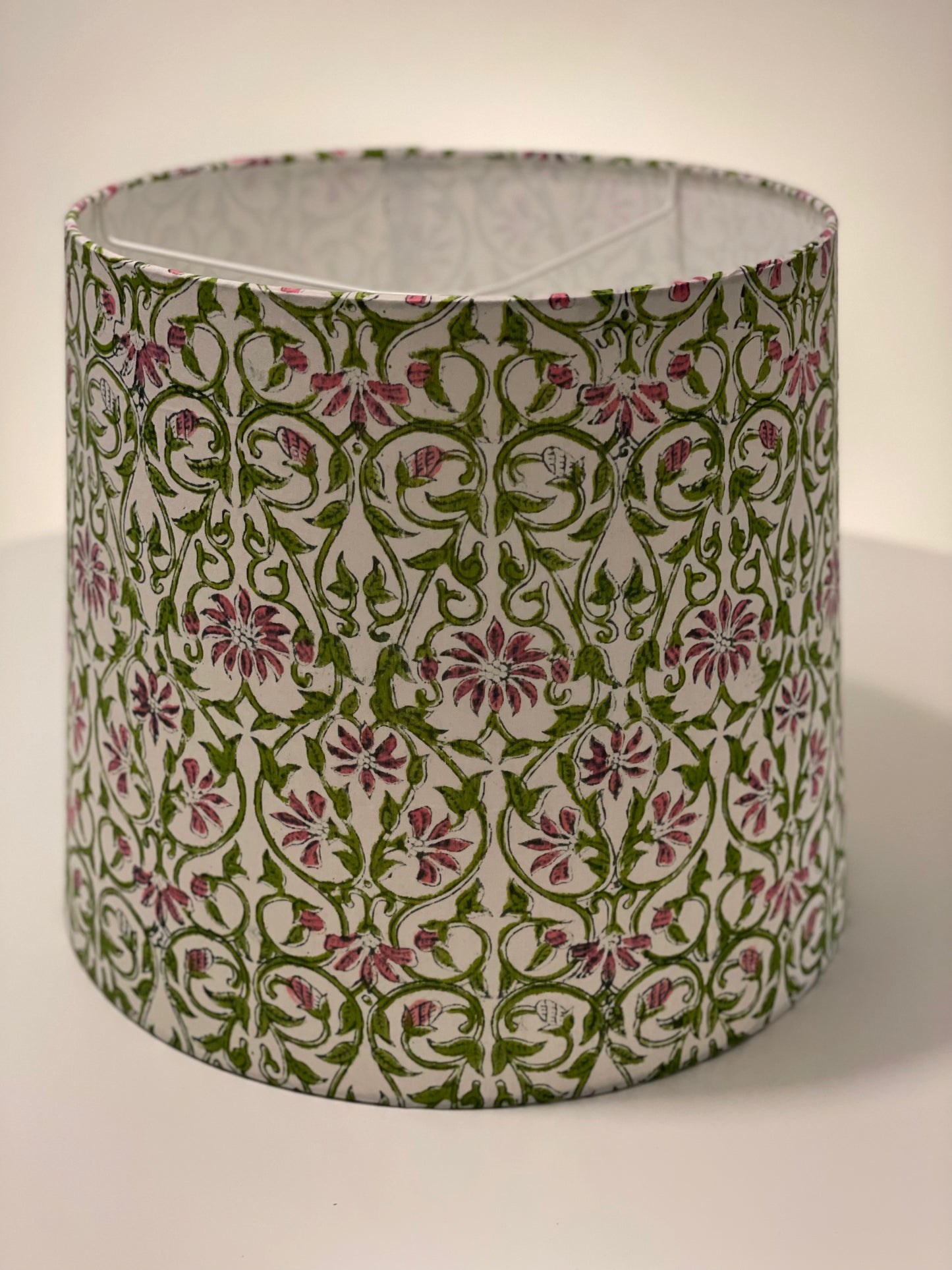 Large Empire Shade. 11.75 x 13.75 x 11.75. Sanganeri Hand Block Print from Jaipur. Avocado and Taupe-y Pink Floral and Vine Motif.