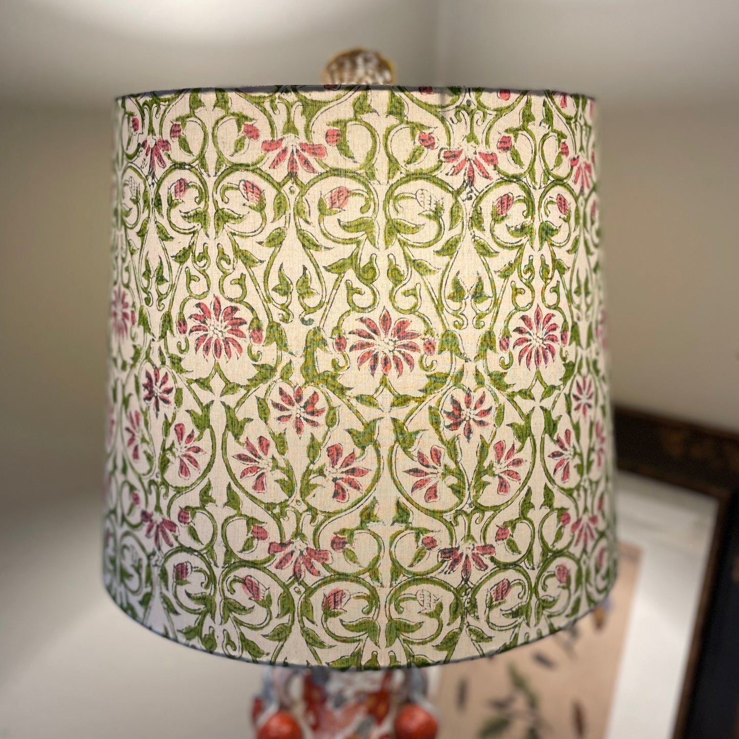 Large Empire Shade. 11.75 x 13.75 x 11.75. Sanganeri Hand Block Print from Jaipur. Avocado and Taupe-y Pink Floral and Vine Motif.