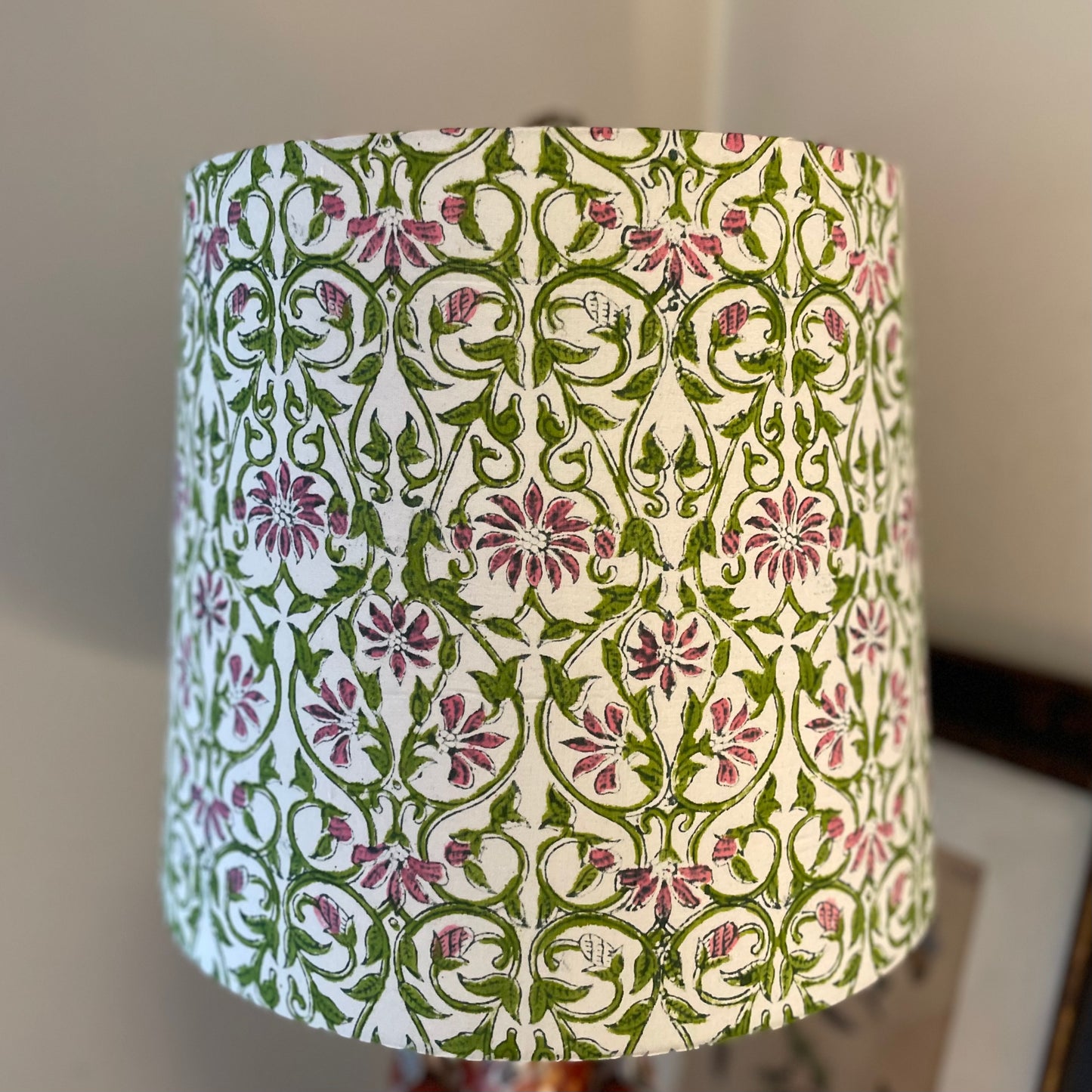 Large Empire Shade. 11.75 x 13.75 x 11.75. Sanganeri Hand Block Print from Jaipur. Avocado and Taupe-y Pink Floral and Vine Motif.