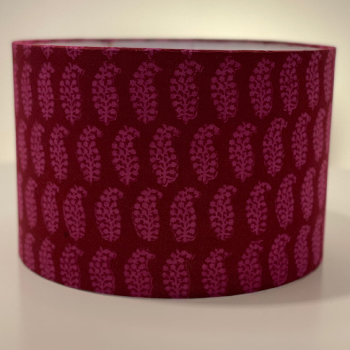 12 Inch Drum Lampshade. Bagh Indian Hand Block. Plum and Deep Rose Paisley.