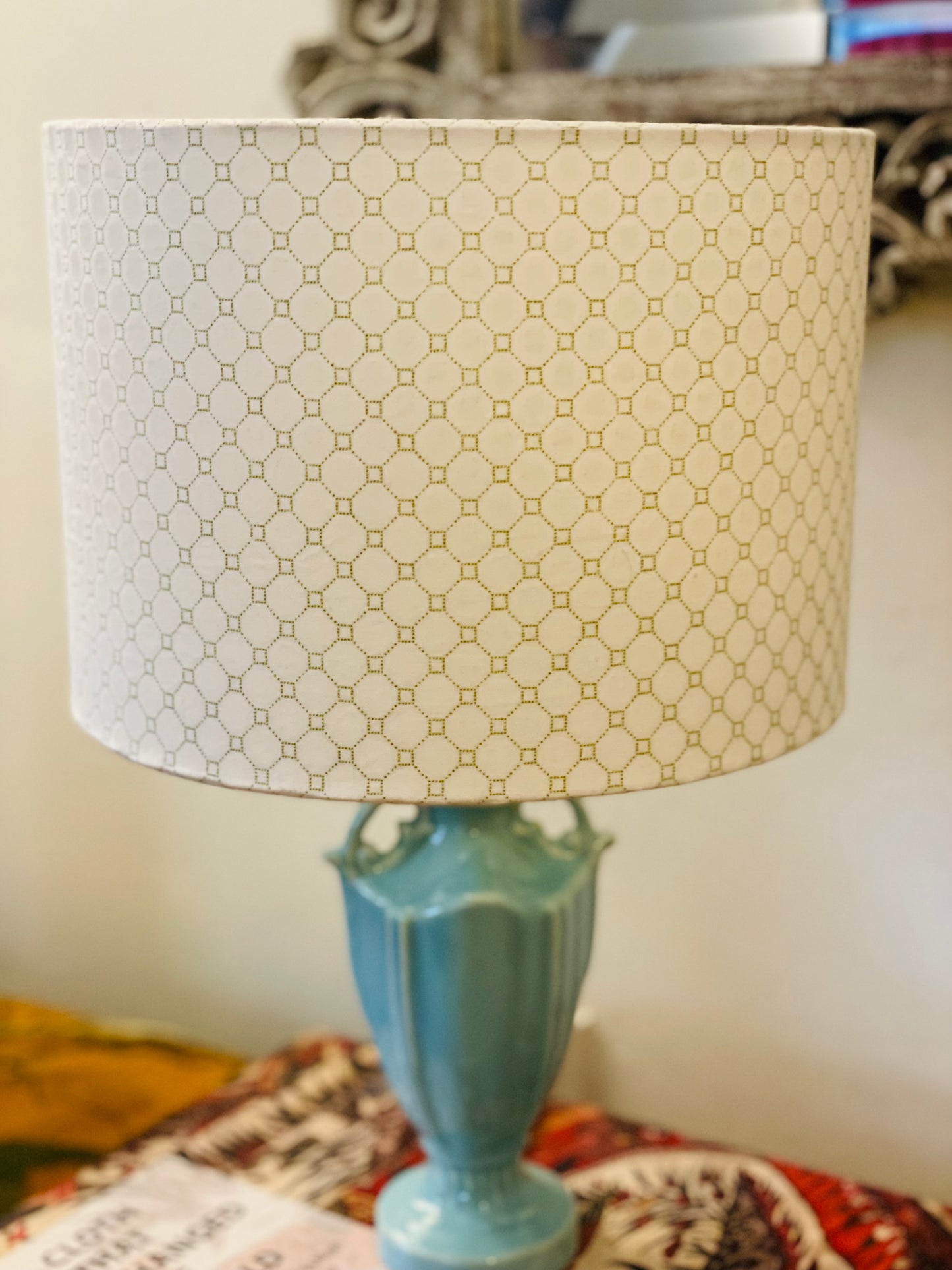 10 inch Drum Lampshade. Lovely South African Shwe Shwe Fabric- White and Gold Geometric Pattern.