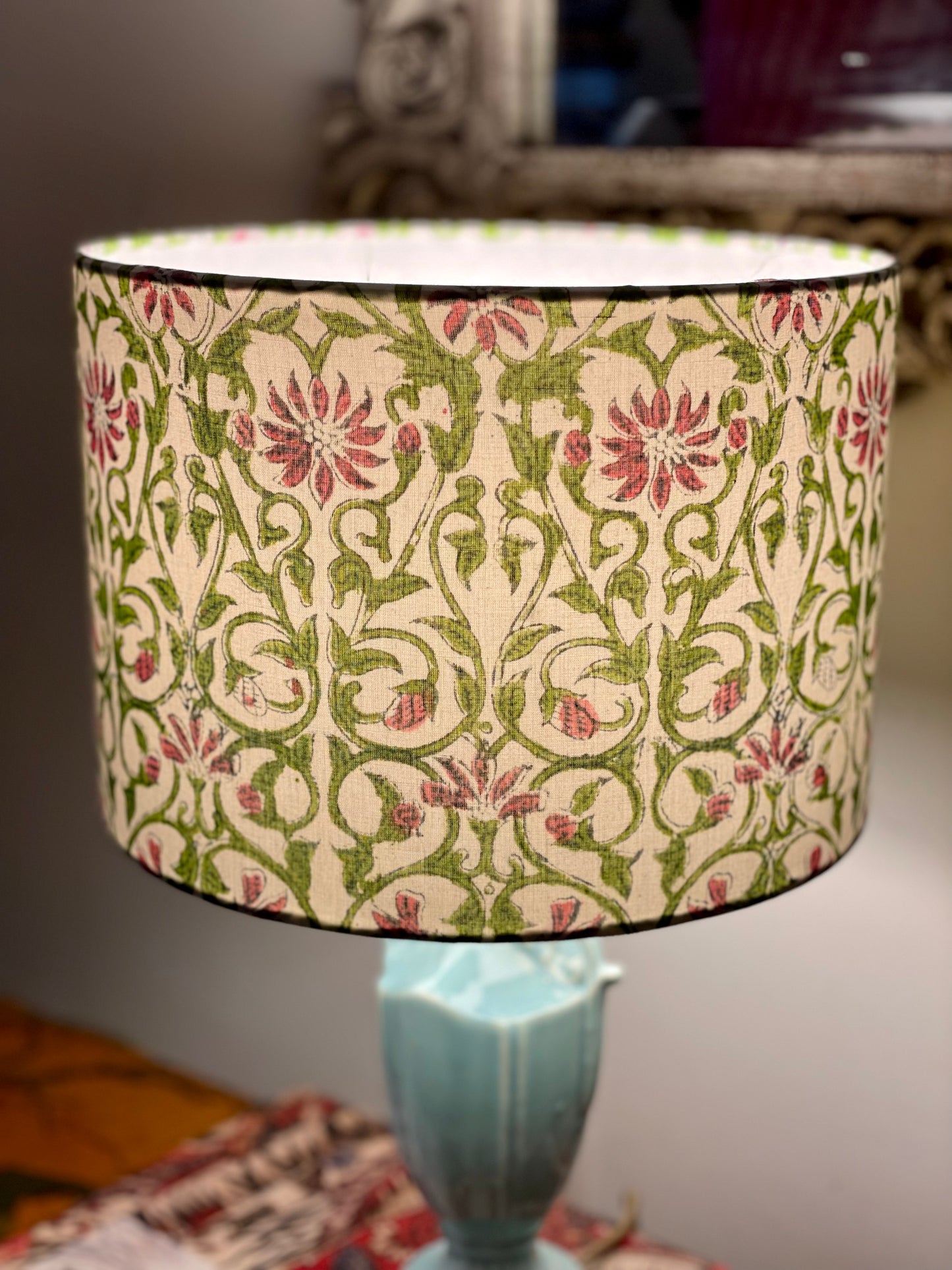 10 inch Drum Lampshade. Sanganeri Hand Block Print from Jaipur. Avocado and Taupe-y Pink Floral and Vine Motif.