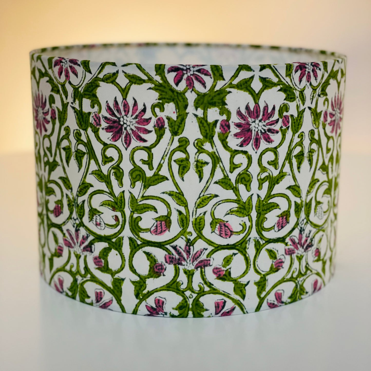 10 inch Drum Lampshade. Sanganeri Hand Block Print from Jaipur. Avocado and Taupe-y Pink Floral and Vine Motif.