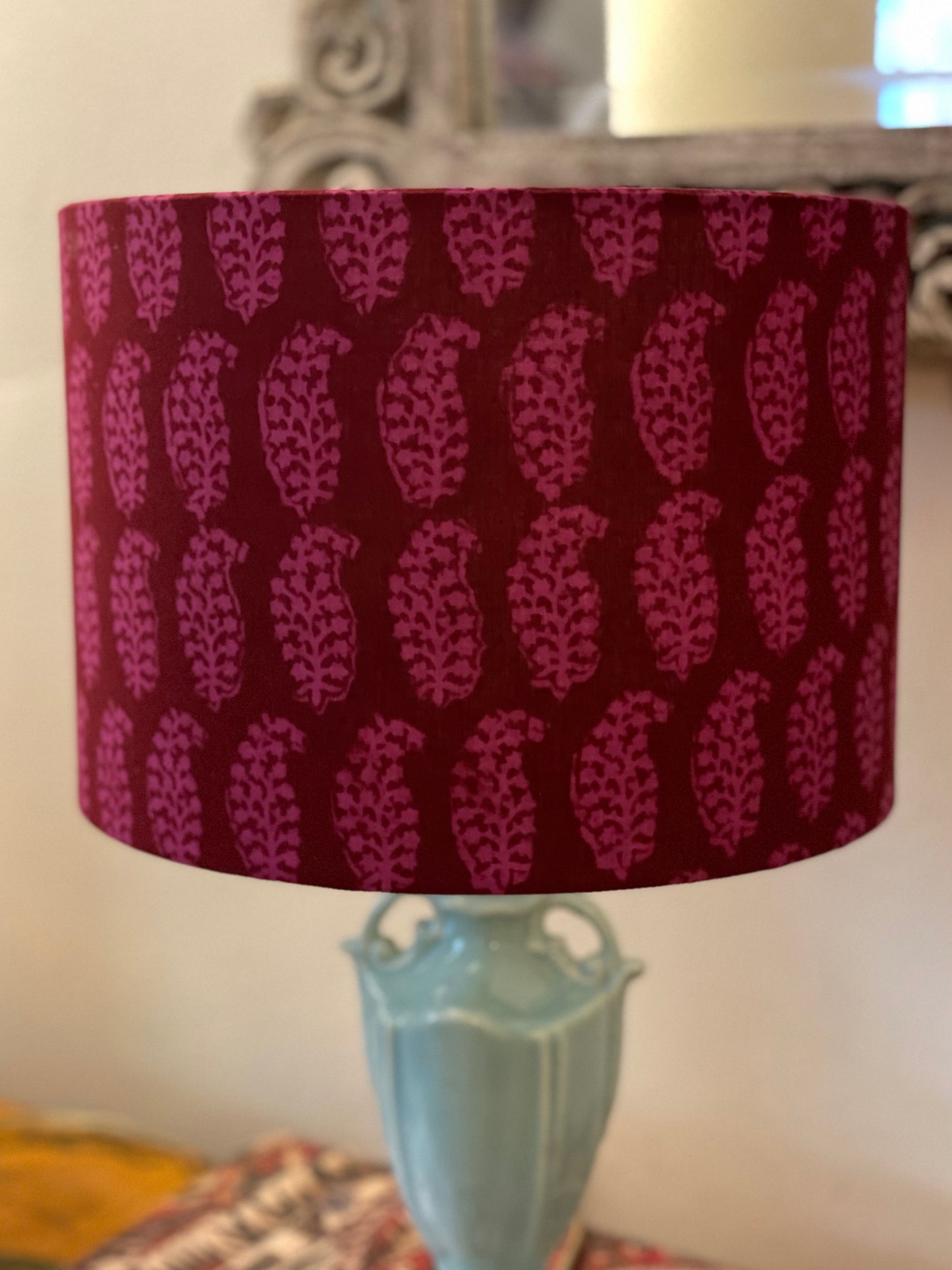 10 inch Drum Lampshade. Bagh Indian Hand Block. Plum and Deep Rose Paisley.