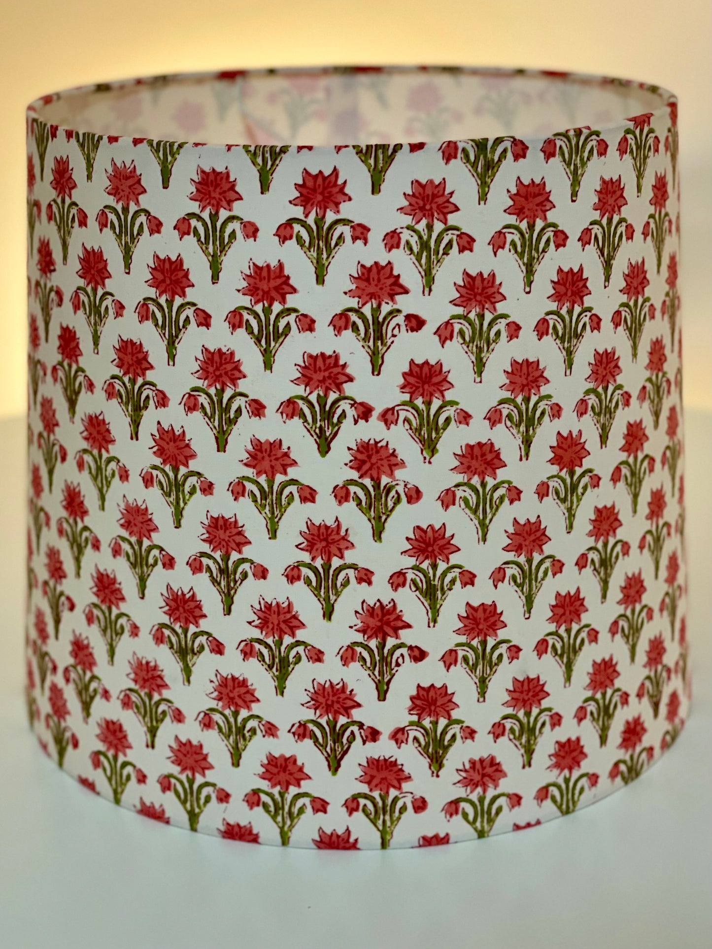 Large Empire Shade. 11.75 x 13.75 x 11.75. Indian Block Print. Carmine Pink and Olive Green Floral on Ivory.