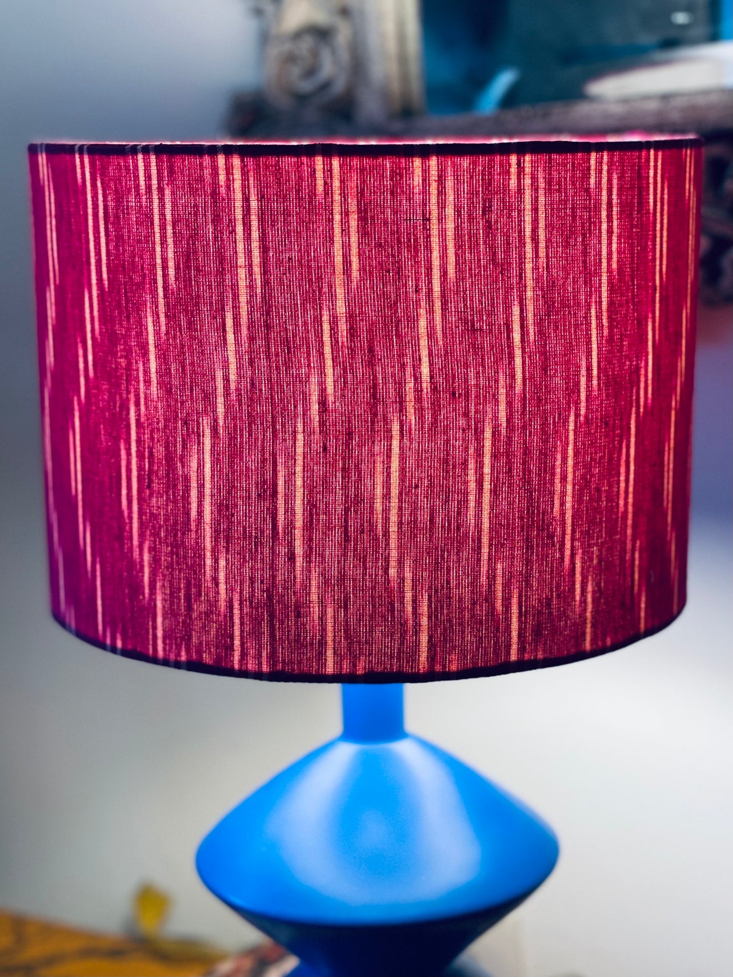 10 inch Drum Lampshade. Indian Pochampally Ikat Weave Cotton Fabric. Plum and Ivory.