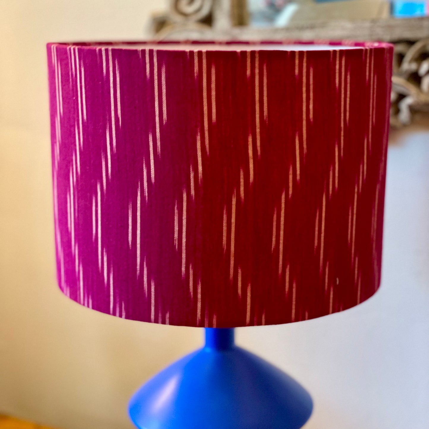 10 inch Drum Lampshade. Indian Pochampally Ikat Weave Cotton Fabric. Plum and Ivory.