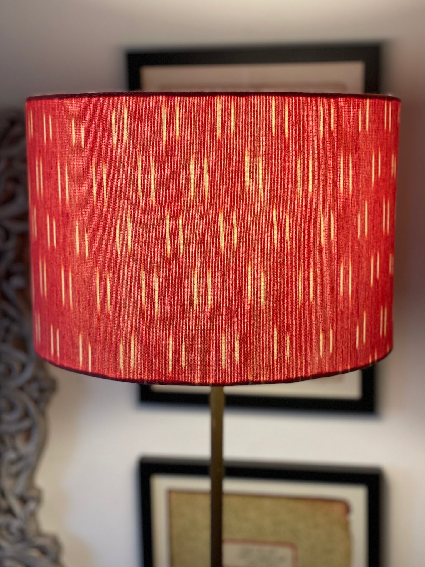 12 Inch Drum Lampshade. Indian Pochampally Ikat Weave Cotton Fabric. Persimmon and Ecru.