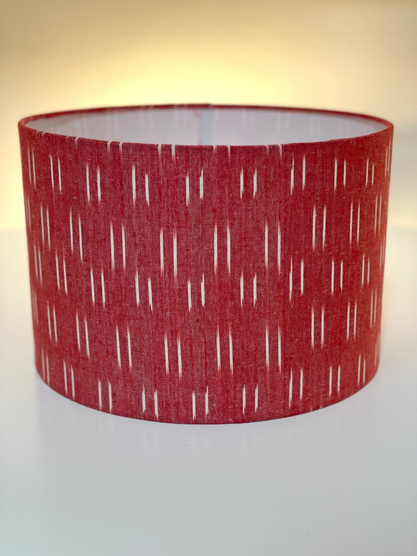 12 Inch Drum Lampshade. Indian Pochampally Ikat Weave Cotton Fabric. Persimmon and Ecru.