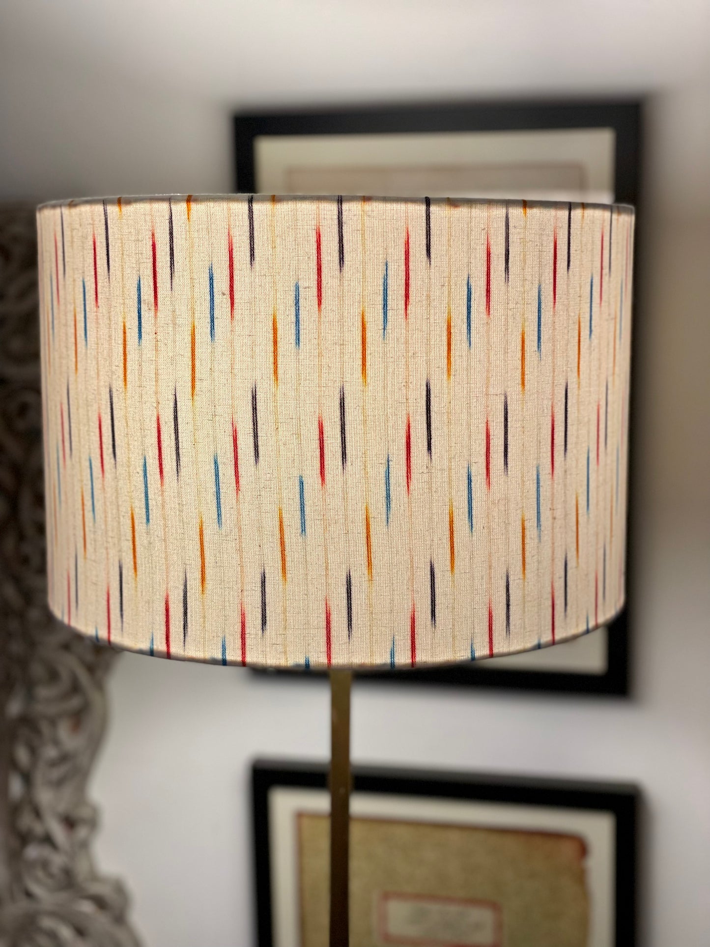 12 Inch Drum Lampshade. Indian Pochampally Ikat Weave Cotton Fabric. Multicolor and White.